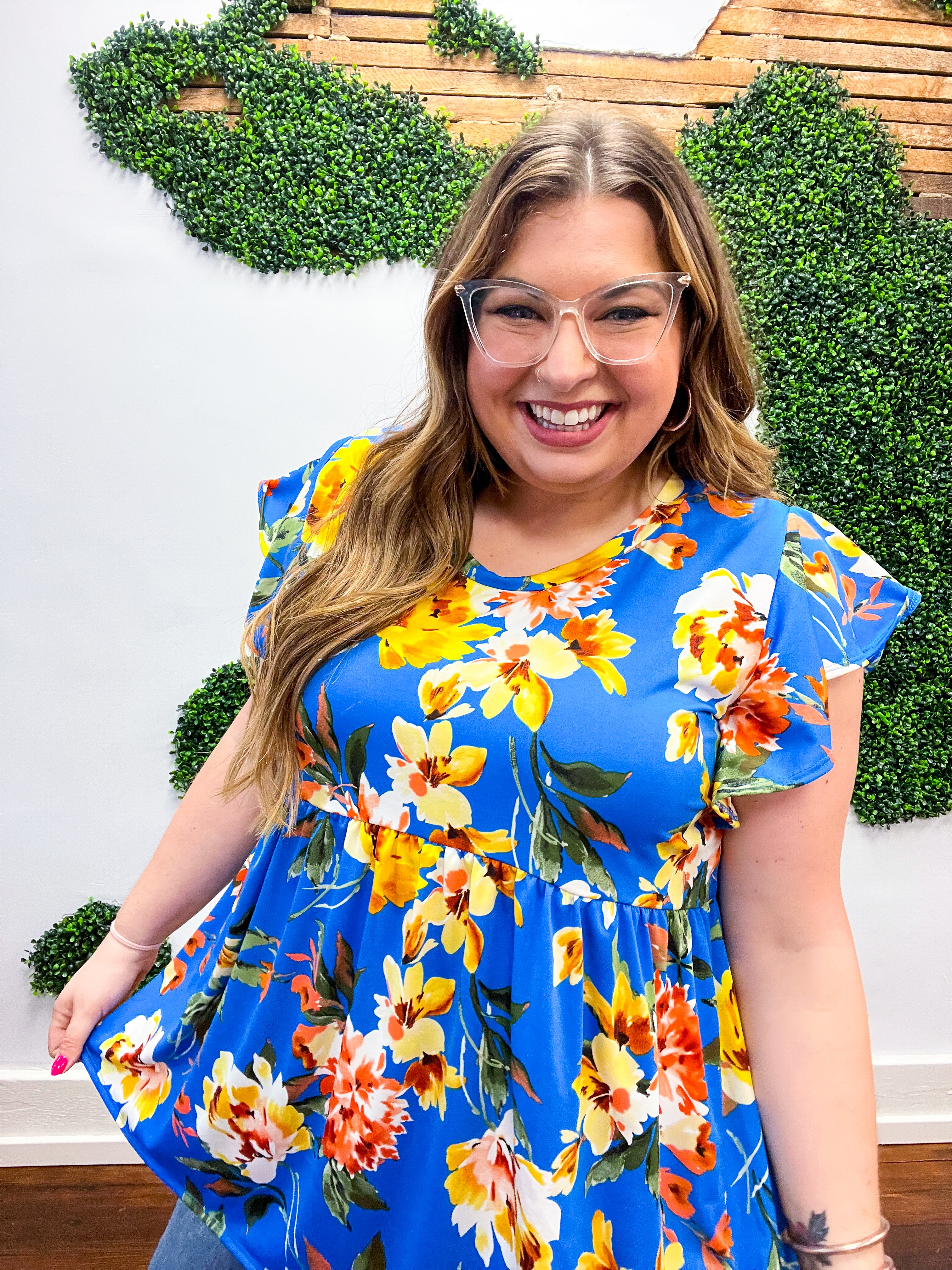 Royal Blue Floral Print Ruffle Short Sleeve Babydoll Top
