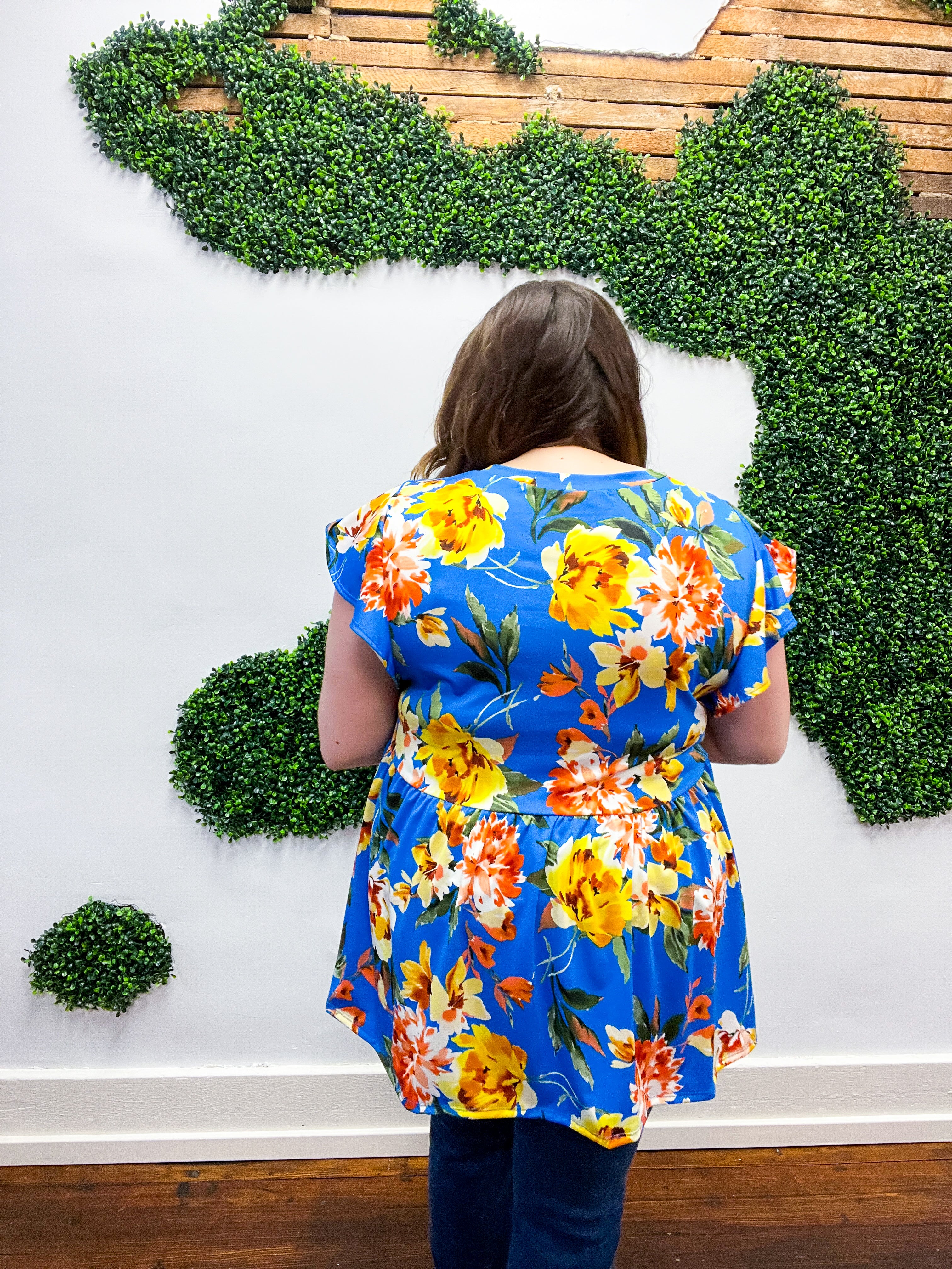 Royal Blue Floral Print Ruffle Short Sleeve Babydoll Top