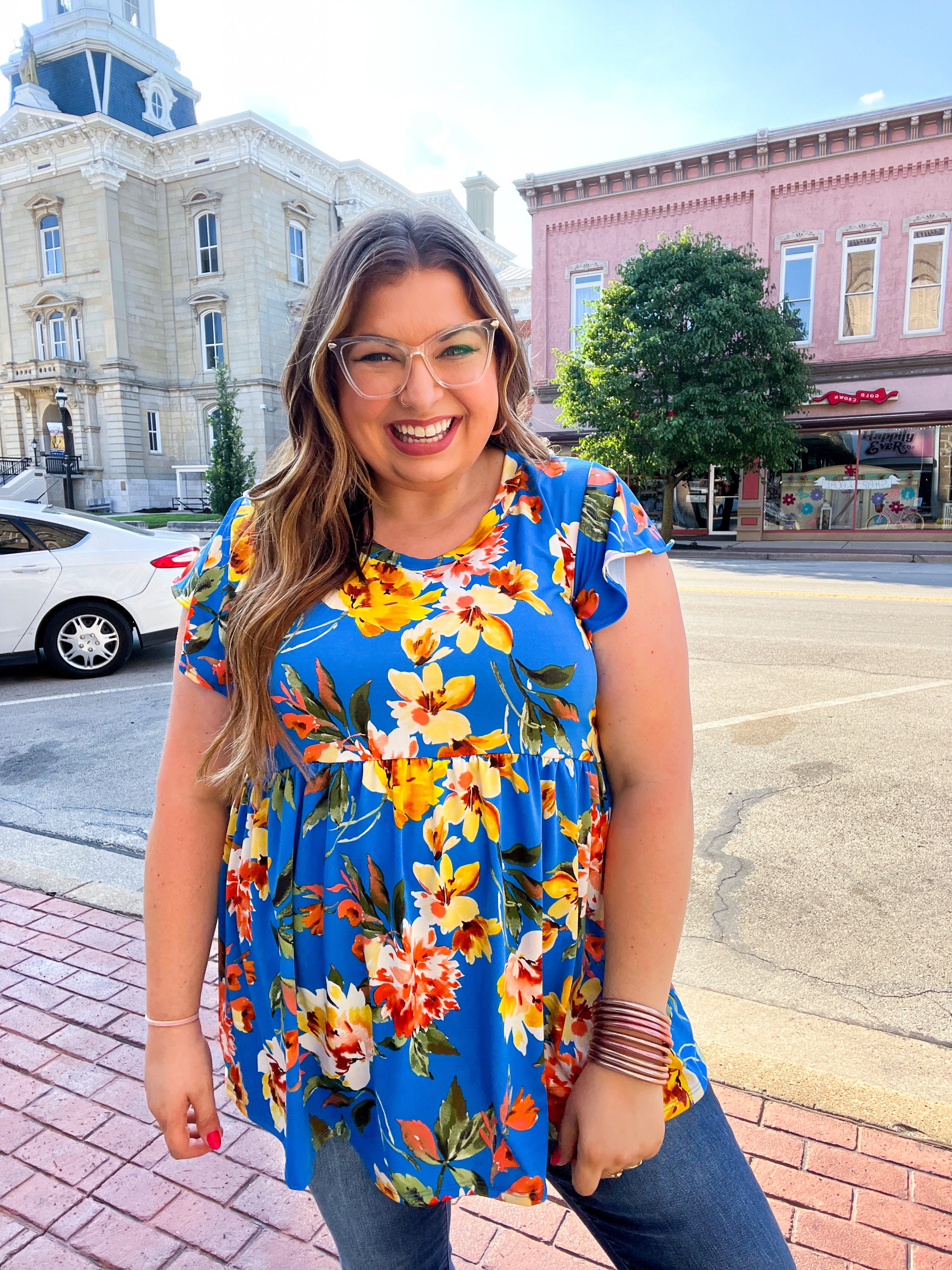 Royal Blue Floral Print Ruffle Short Sleeve Babydoll Top