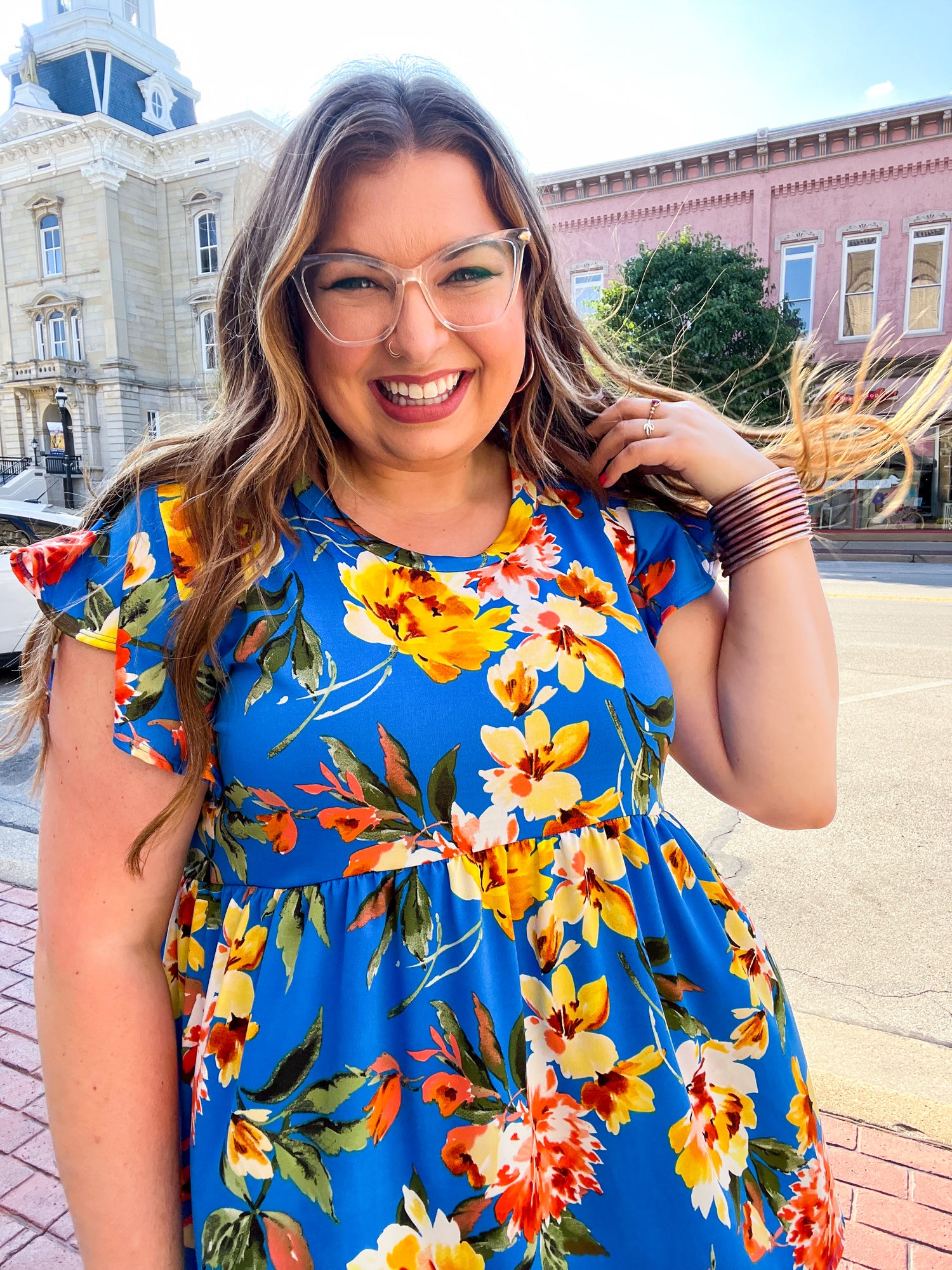 Royal Blue Floral Print Ruffle Short Sleeve Babydoll Top