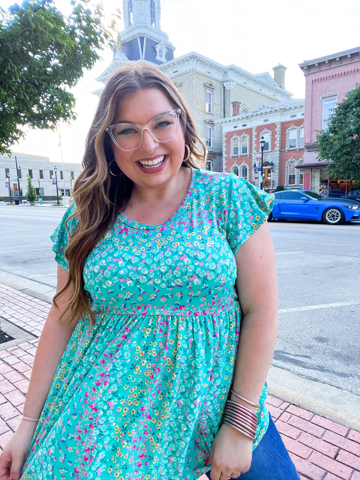Turquoise Floral Stripe Babydoll Top