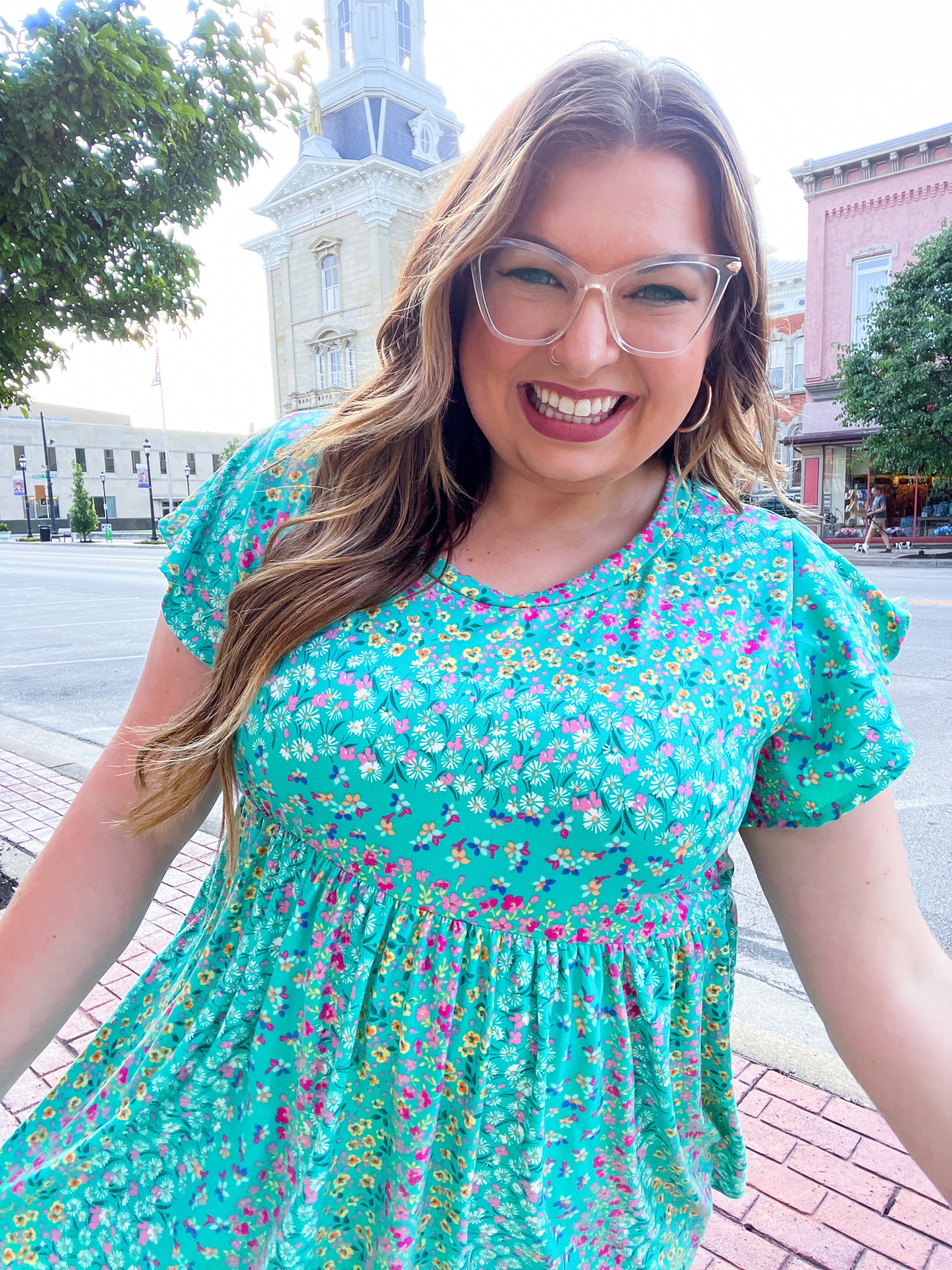 Turquoise Floral Stripe Babydoll Top