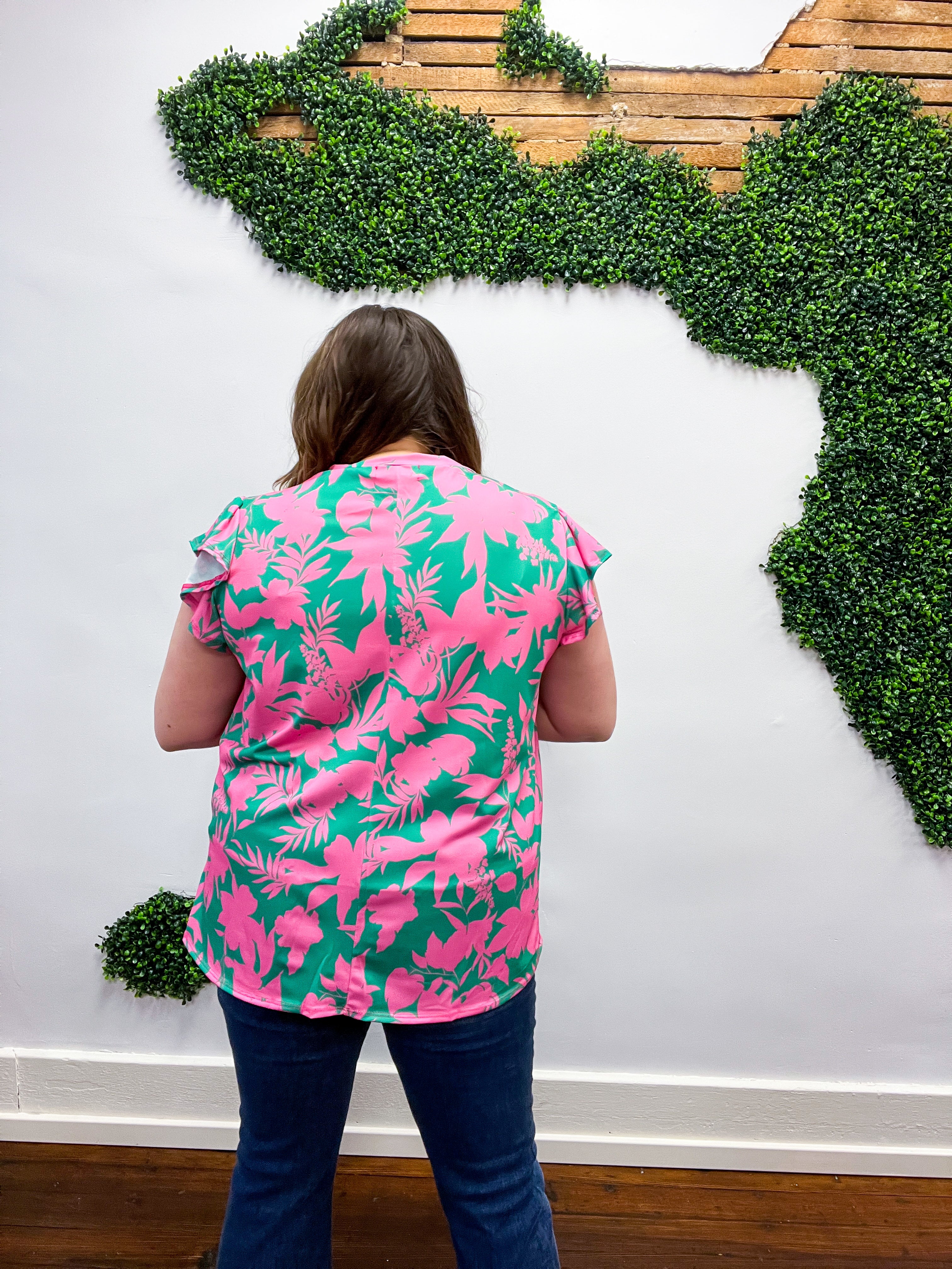 Pink &amp; Green Floral Print Frilled Short Sleeve Yoke Top