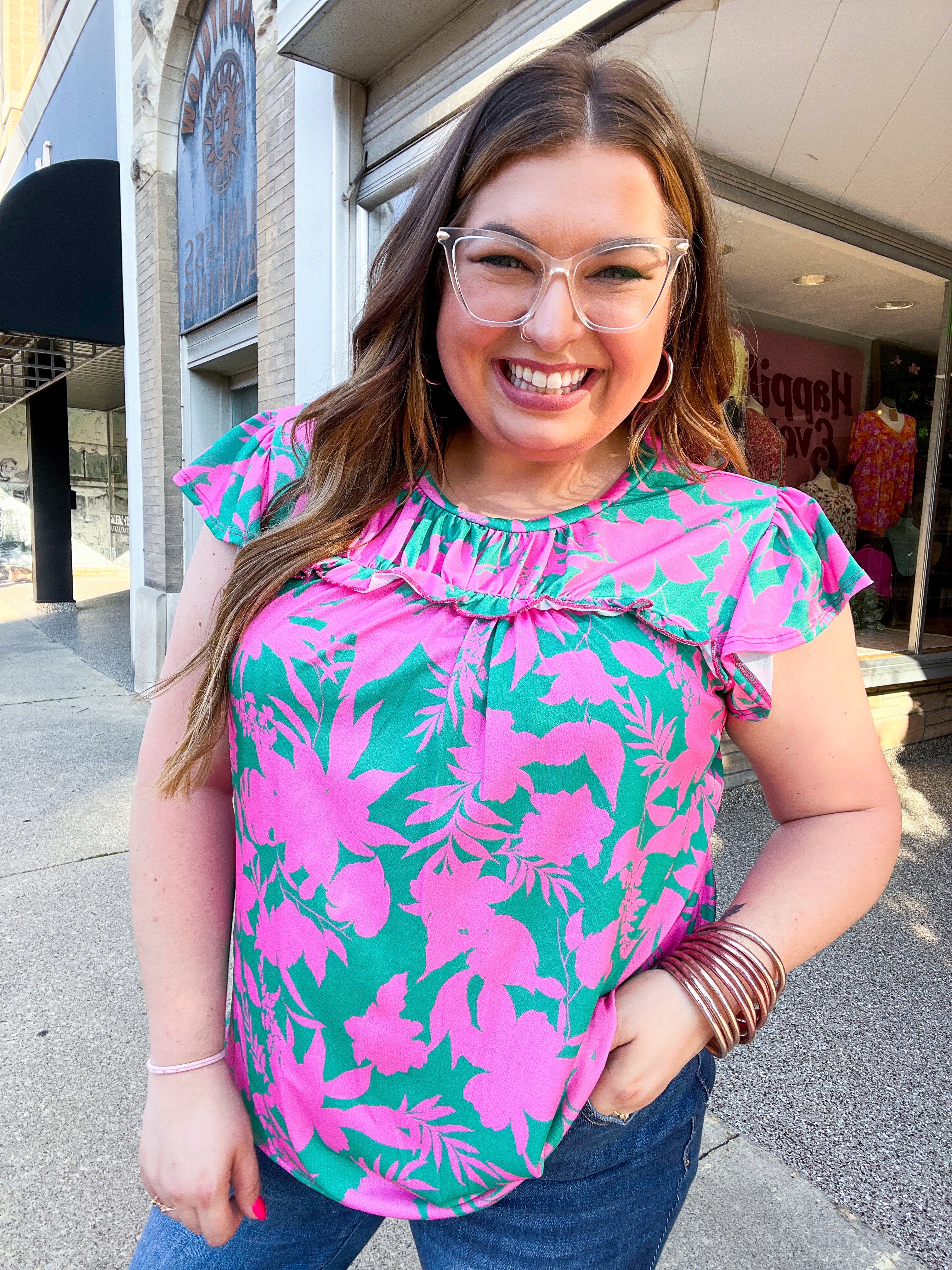 Pink &amp; Green Floral Print Frilled Short Sleeve Yoke Top