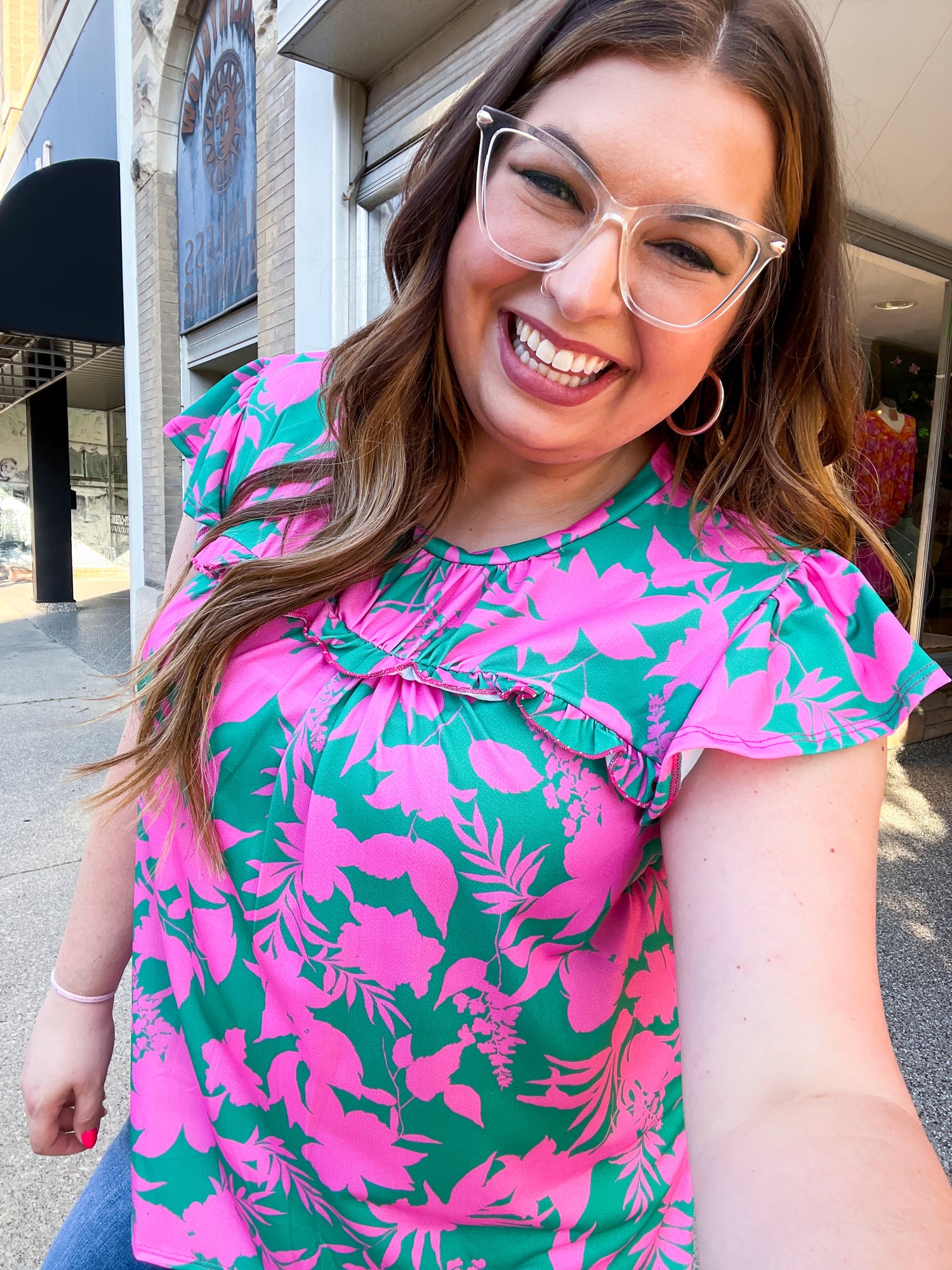 Pink &amp; Green Floral Print Frilled Short Sleeve Yoke Top
