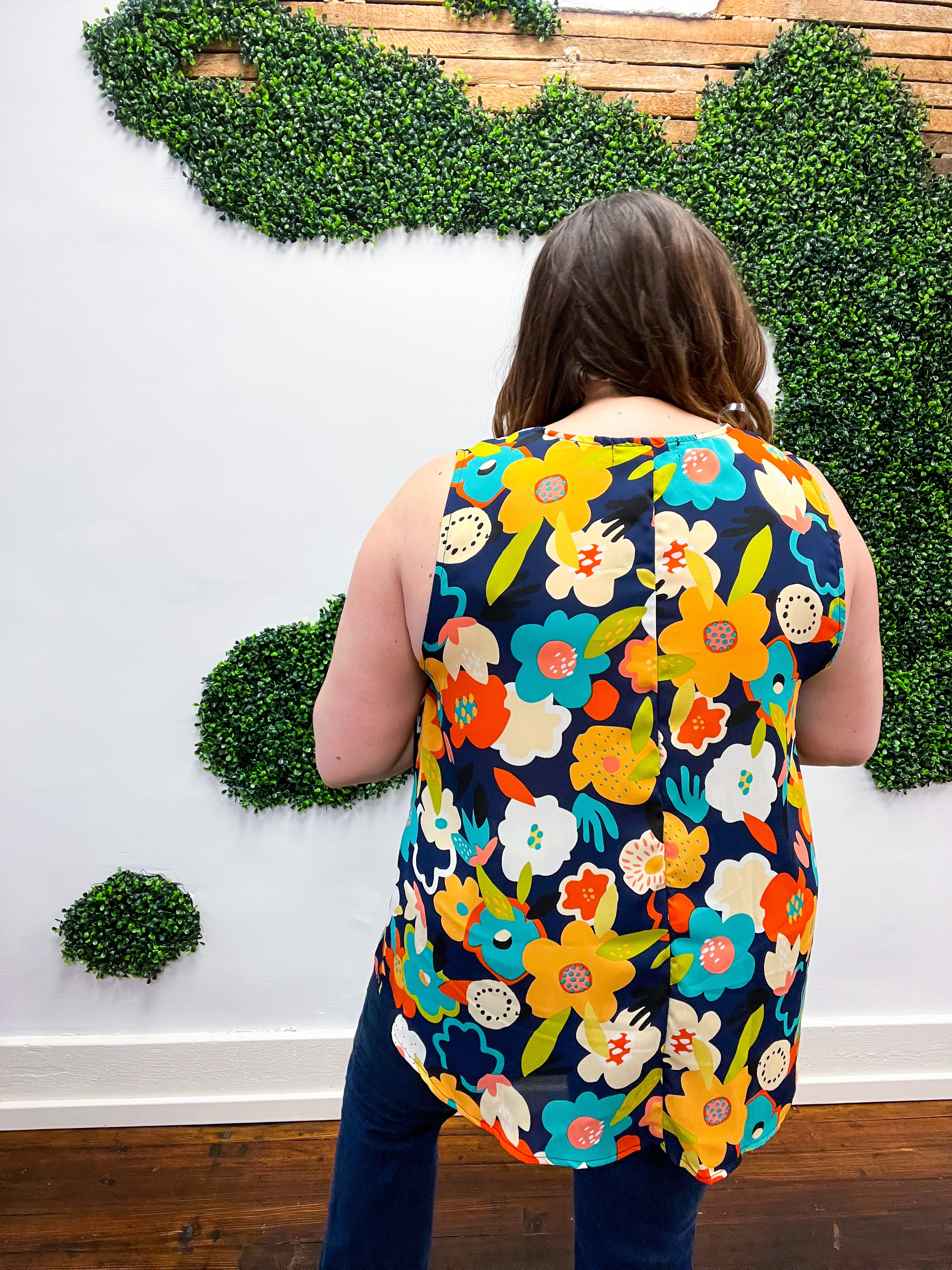 Navy Flat Floral Banded V Neck Sleeveless Top