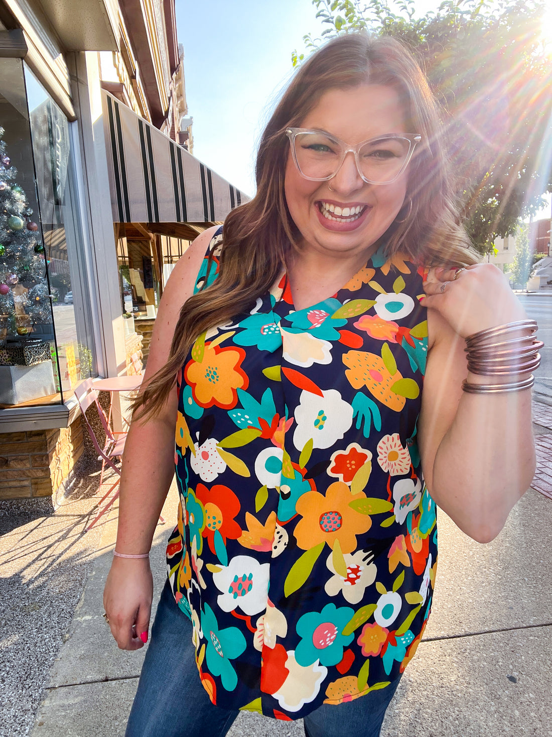 Navy Flat Floral Banded V Neck Sleeveless Top
