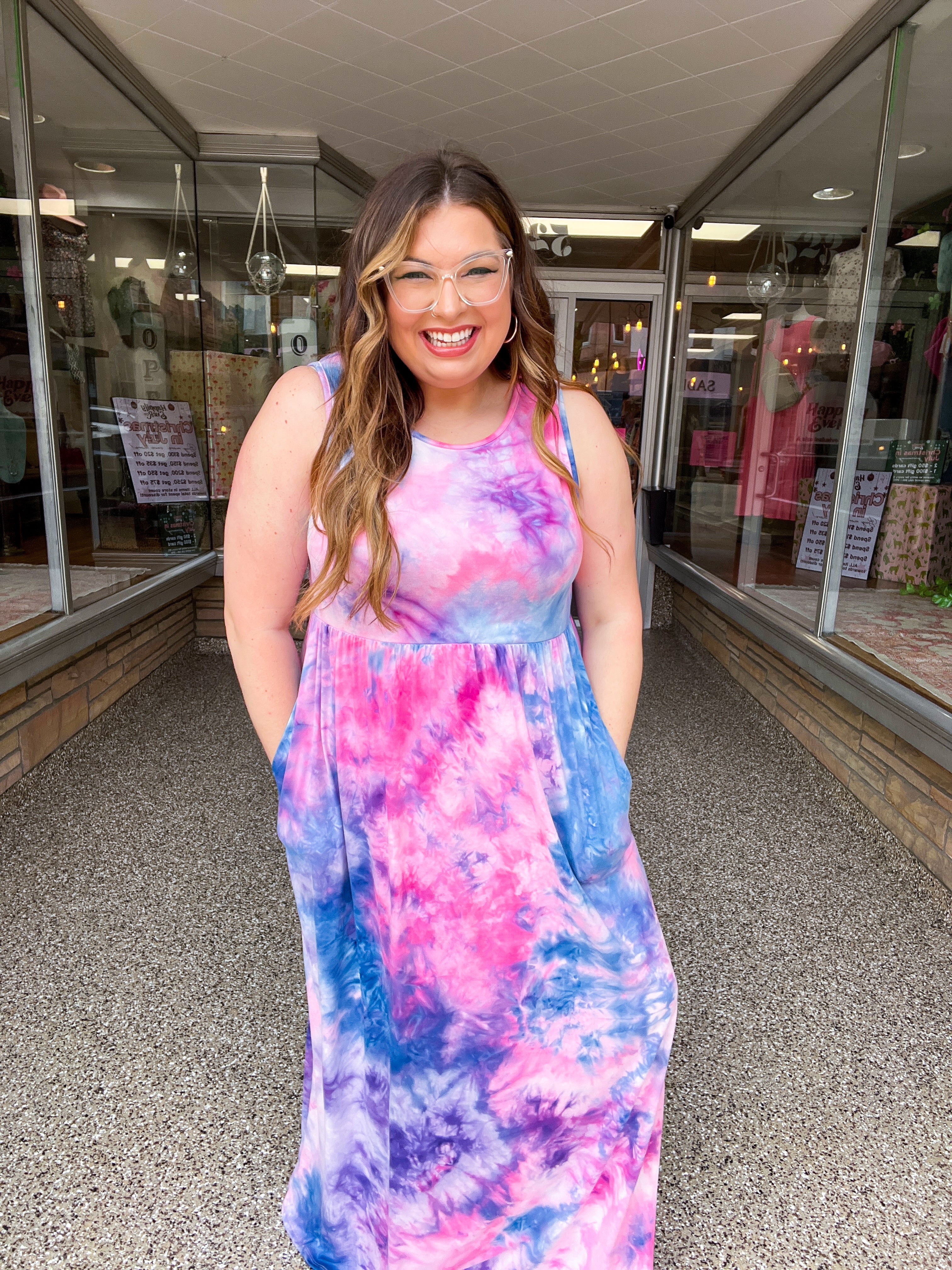 Pink &amp; Blue Tie Dye Fit and Flare Sleeveless Maxi Dress