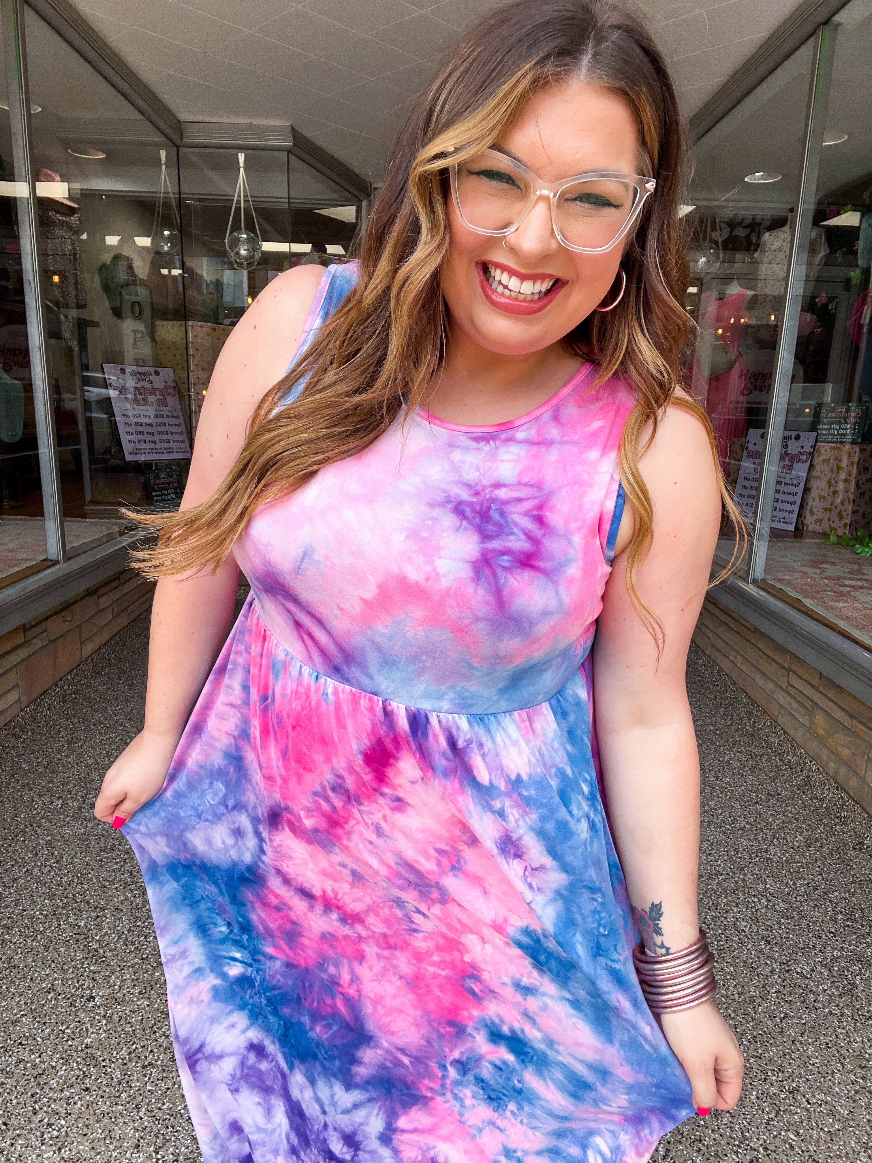Pink &amp; Blue Tie Dye Fit and Flare Sleeveless Maxi Dress