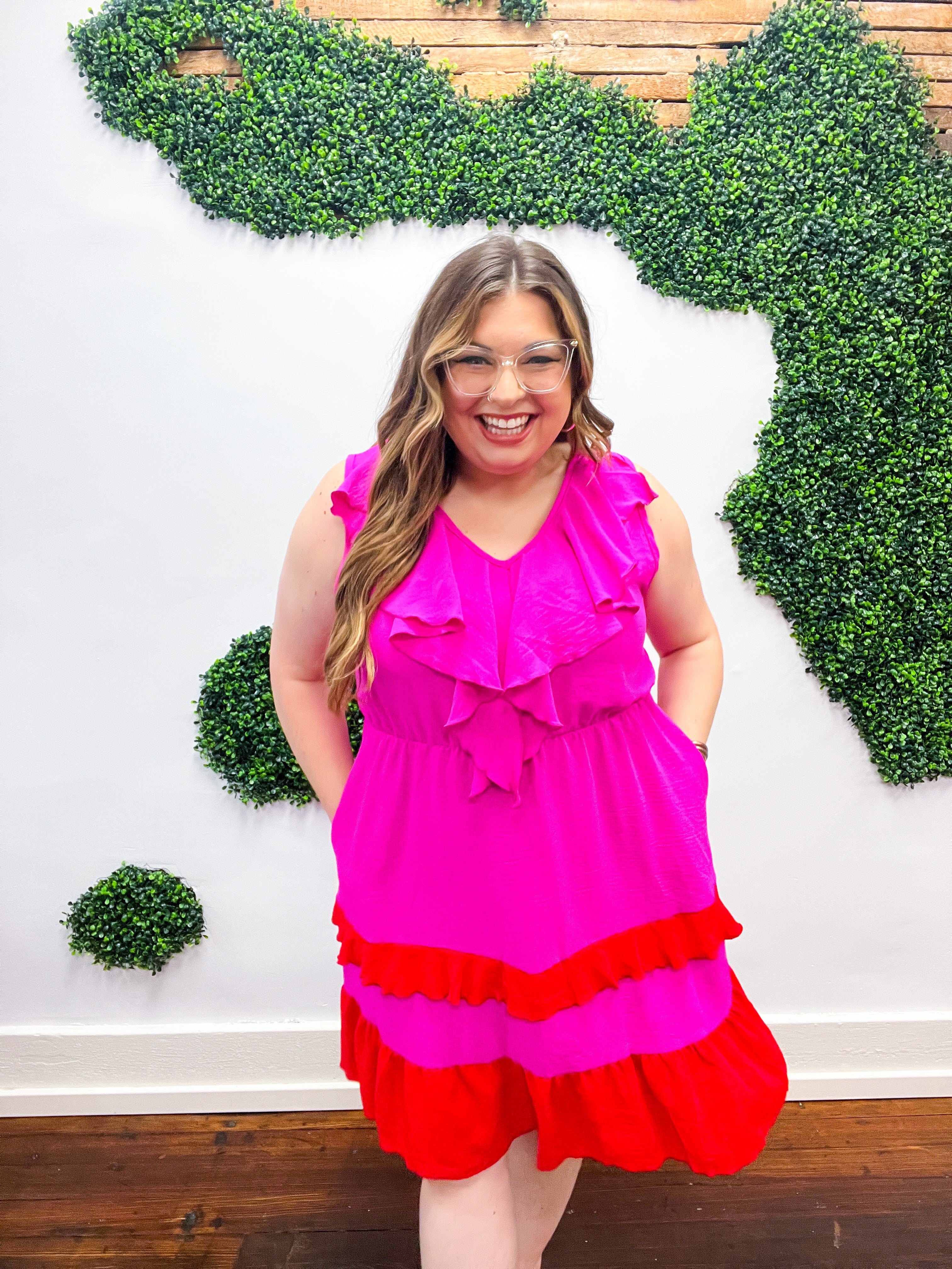 Fuchsia Ruffle V Neck Crepe Tiered Midi Dress