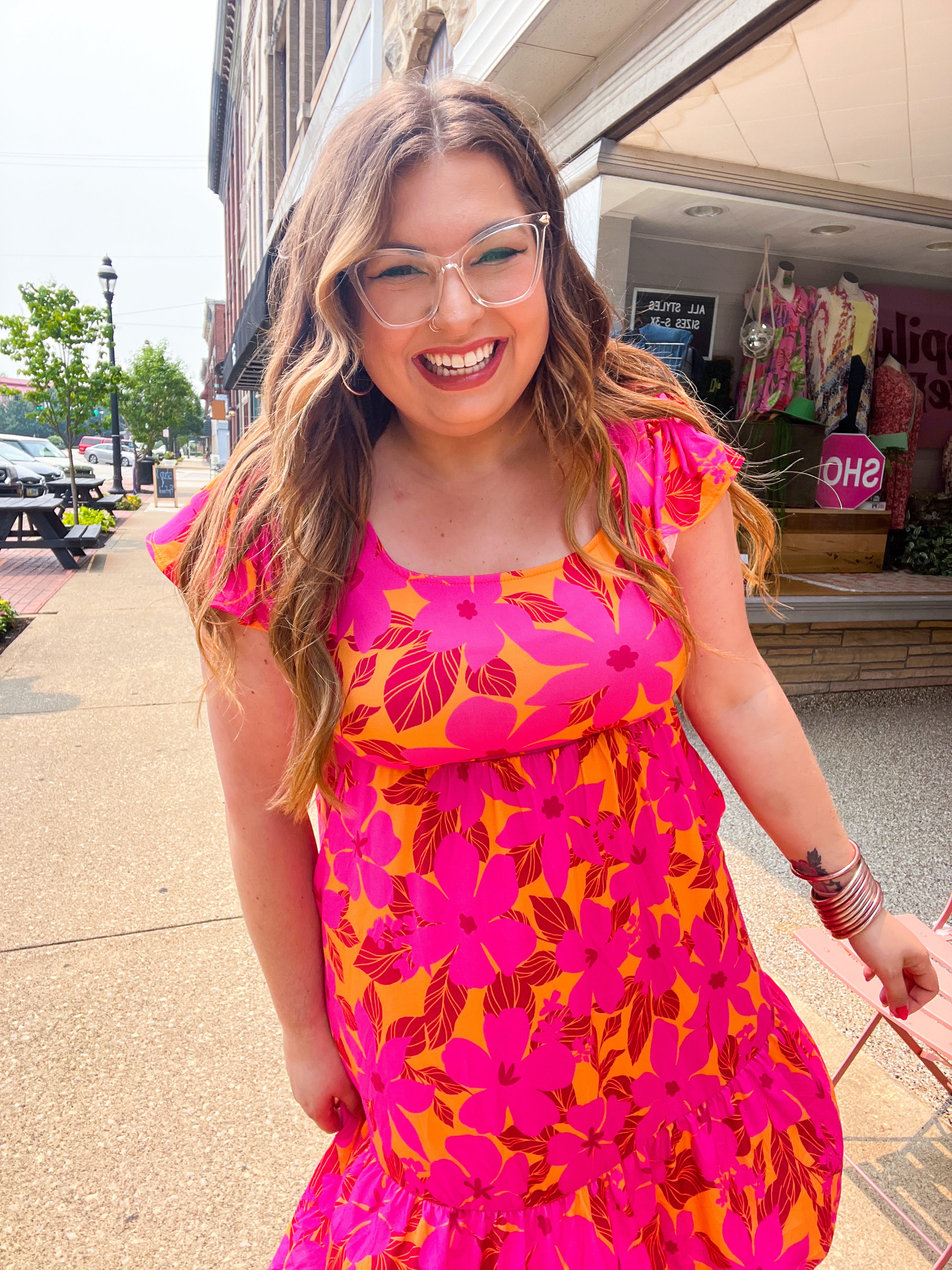 Fuchsia &amp; Orange Tropical Floral Square Neck Dress