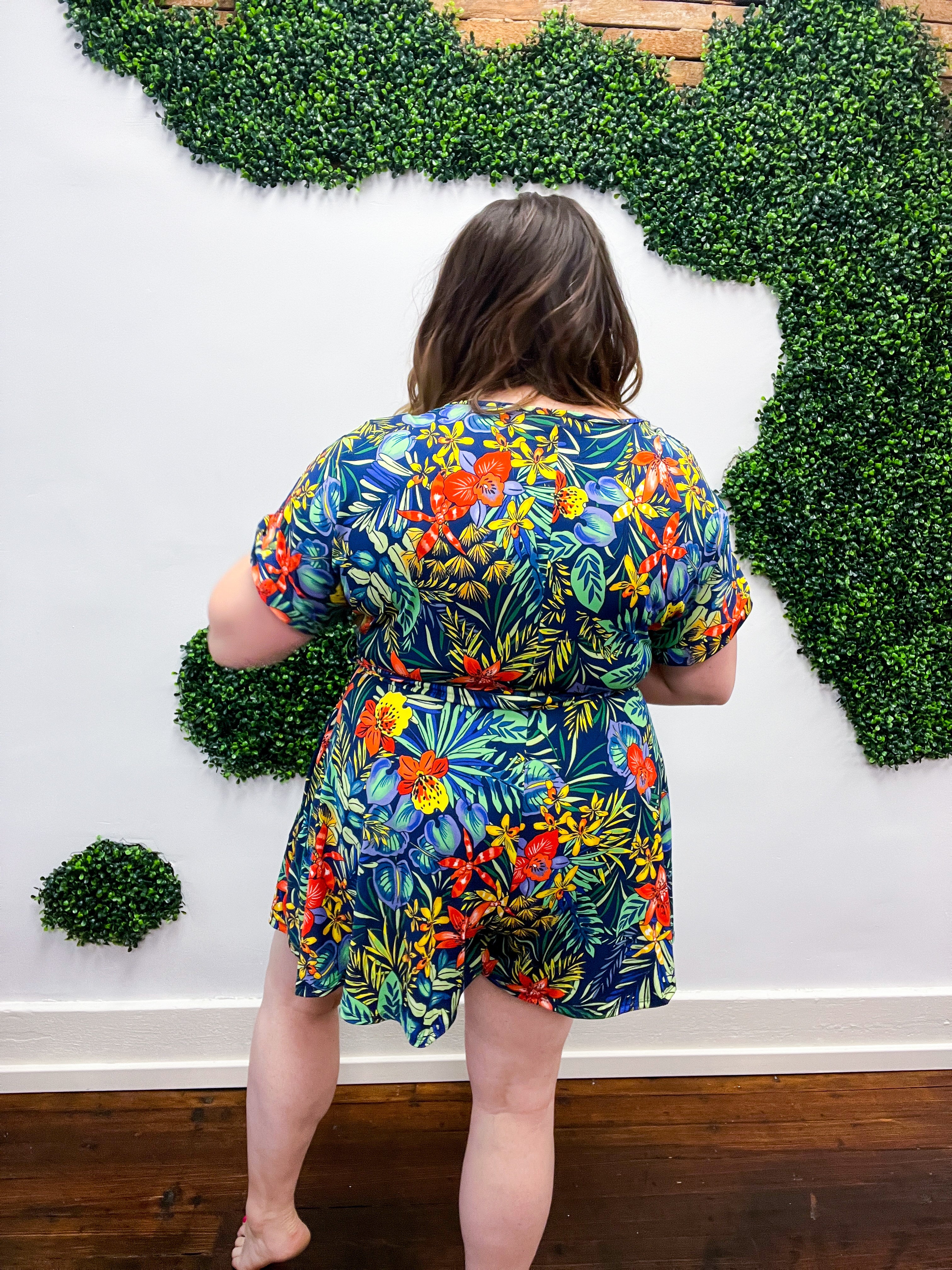 Navy Tropical Floral Surplice Romper
