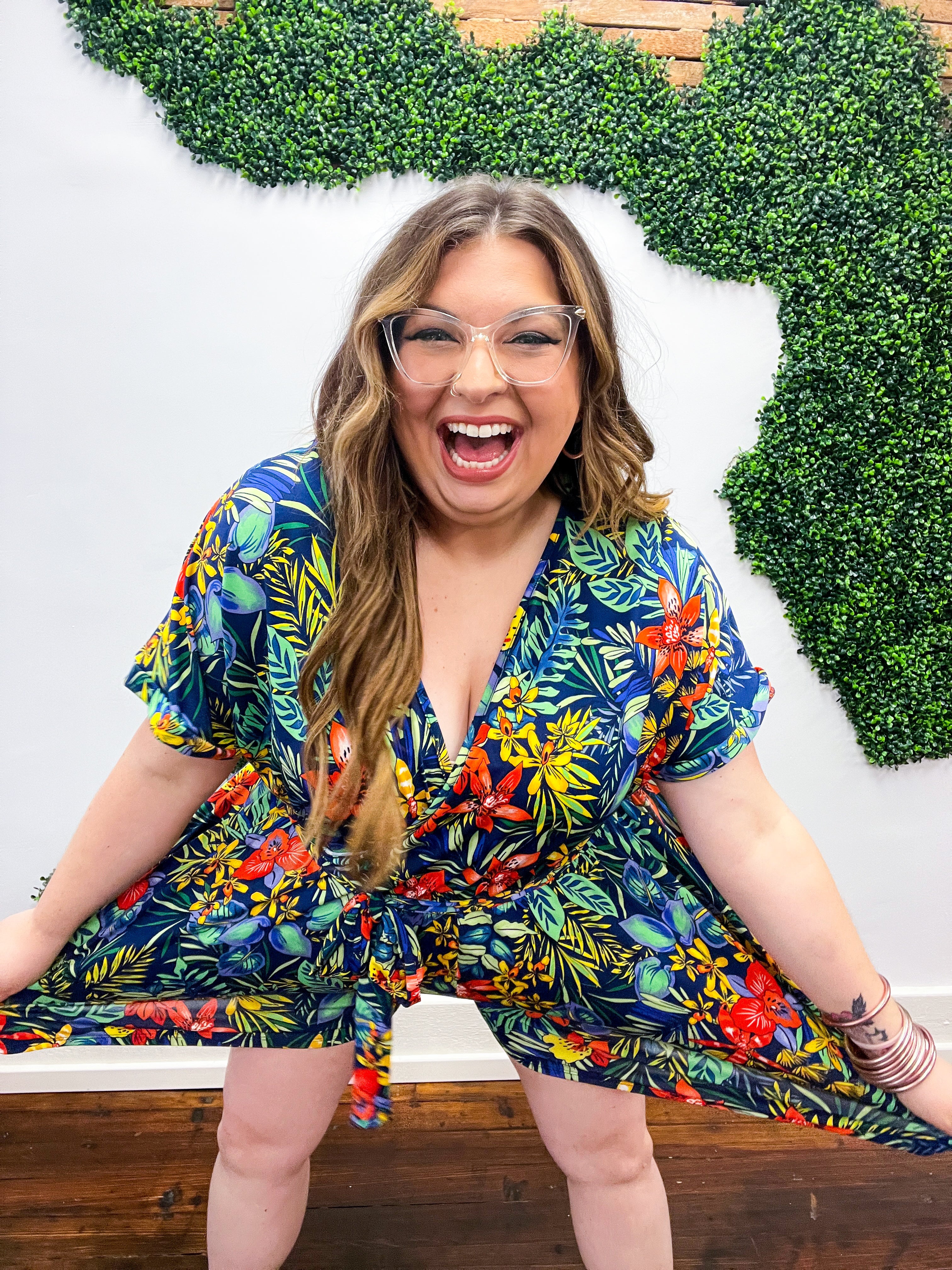 Navy Tropical Floral Surplice Romper