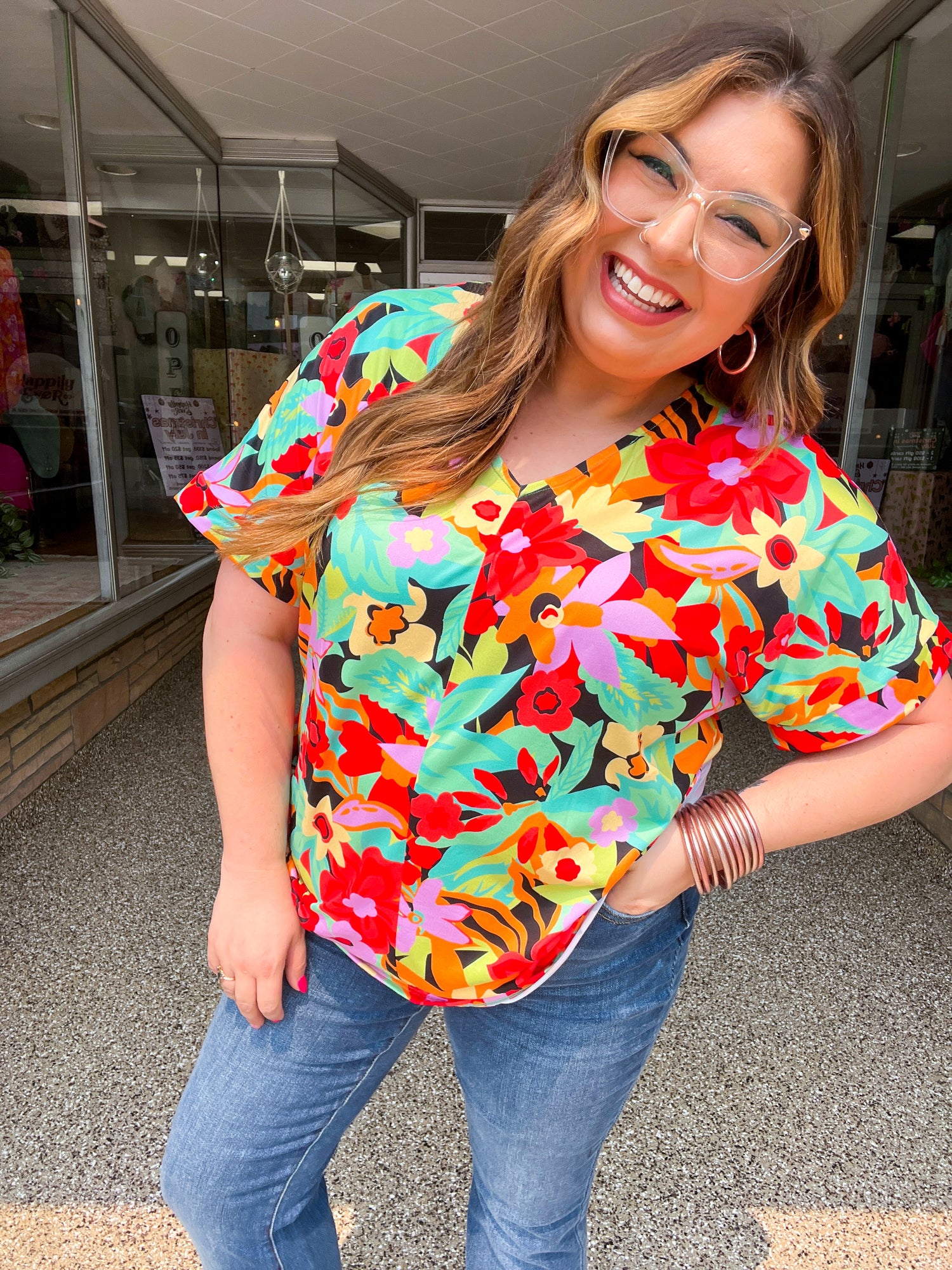 Multicolor Tropical Floral V Neck Drop Shoulder Top