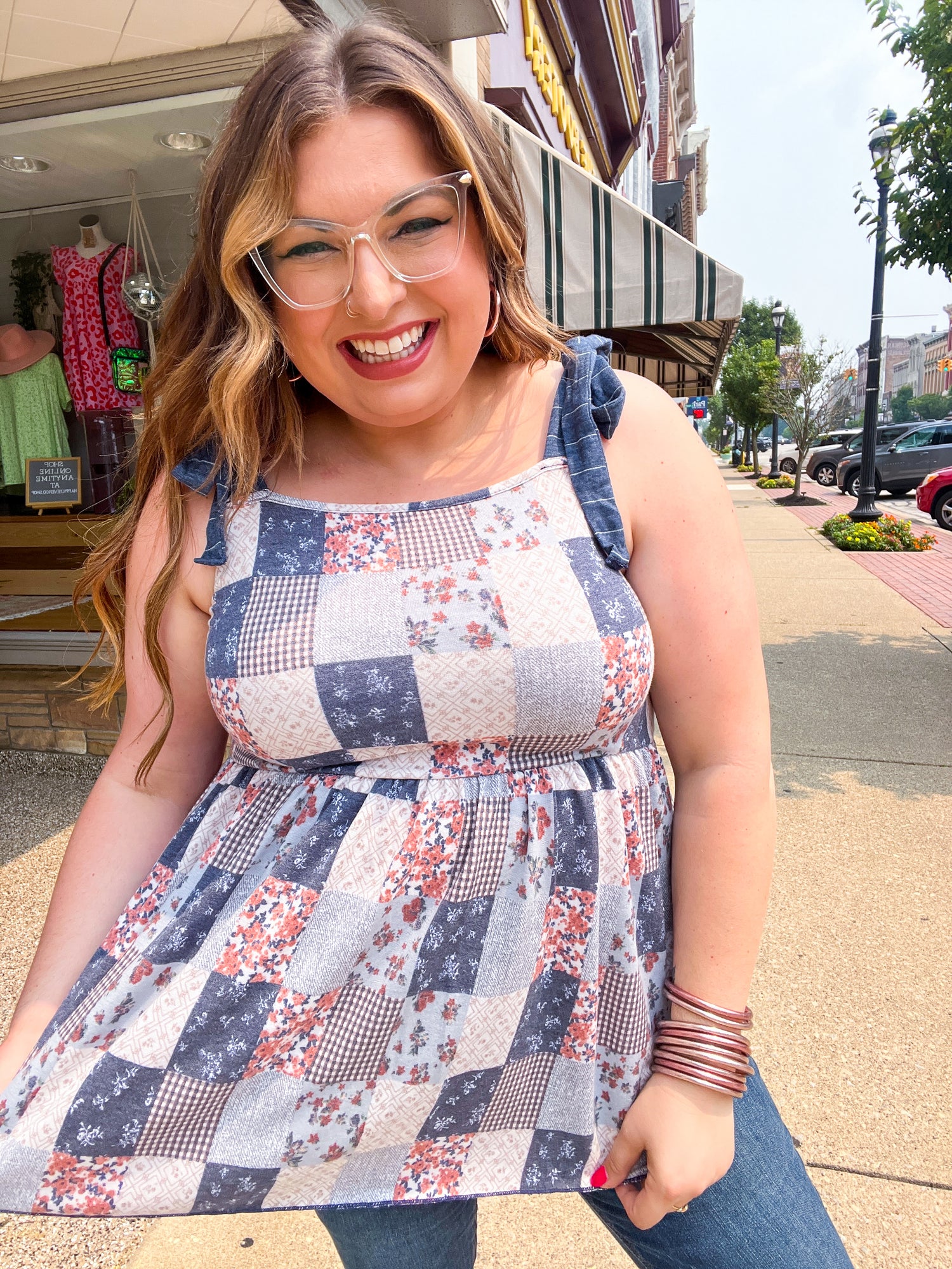 Denim Patchwork Babydoll Shoulder Tie Top