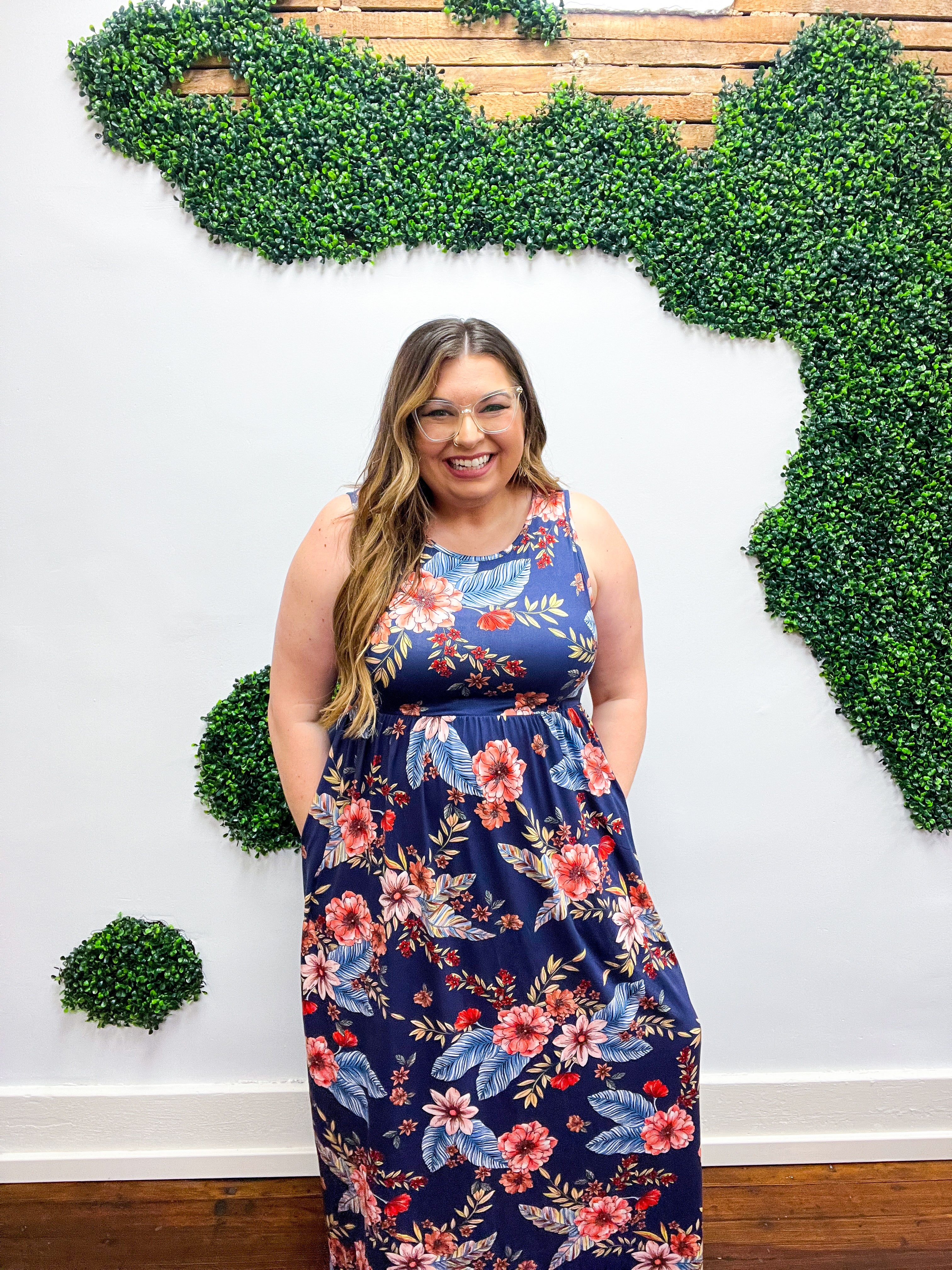 Navy Floral Fit and Flare Sleeveless Maxi Dress