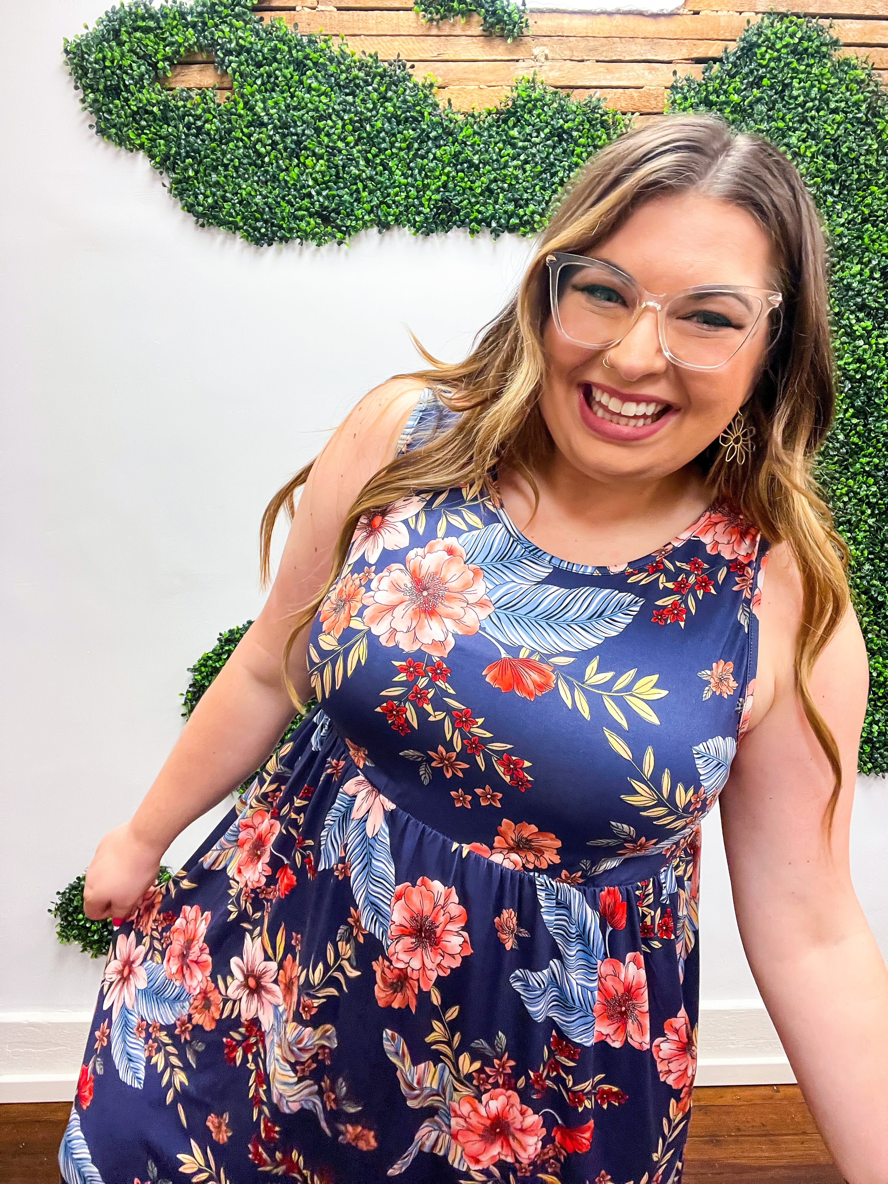 Navy Floral Fit and Flare Sleeveless Maxi Dress