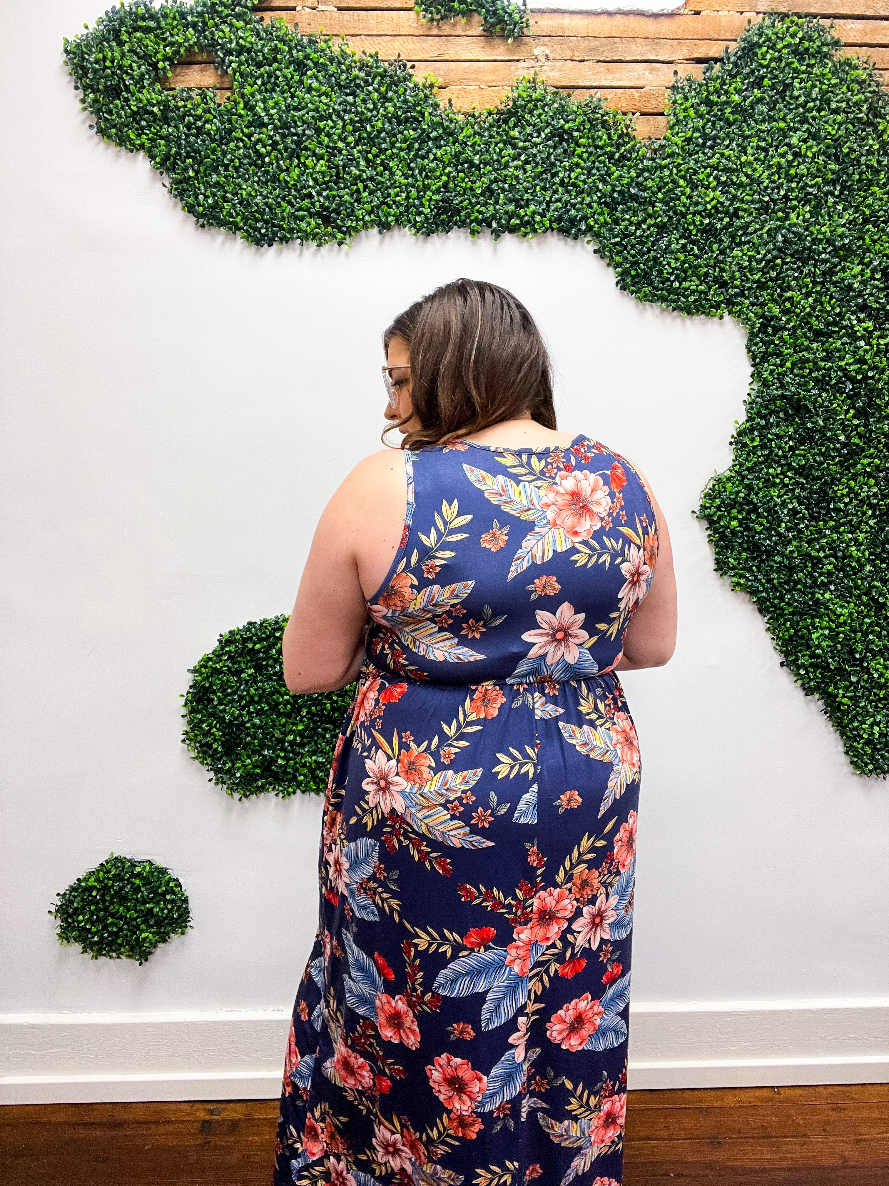 Navy Floral Fit and Flare Sleeveless Maxi Dress