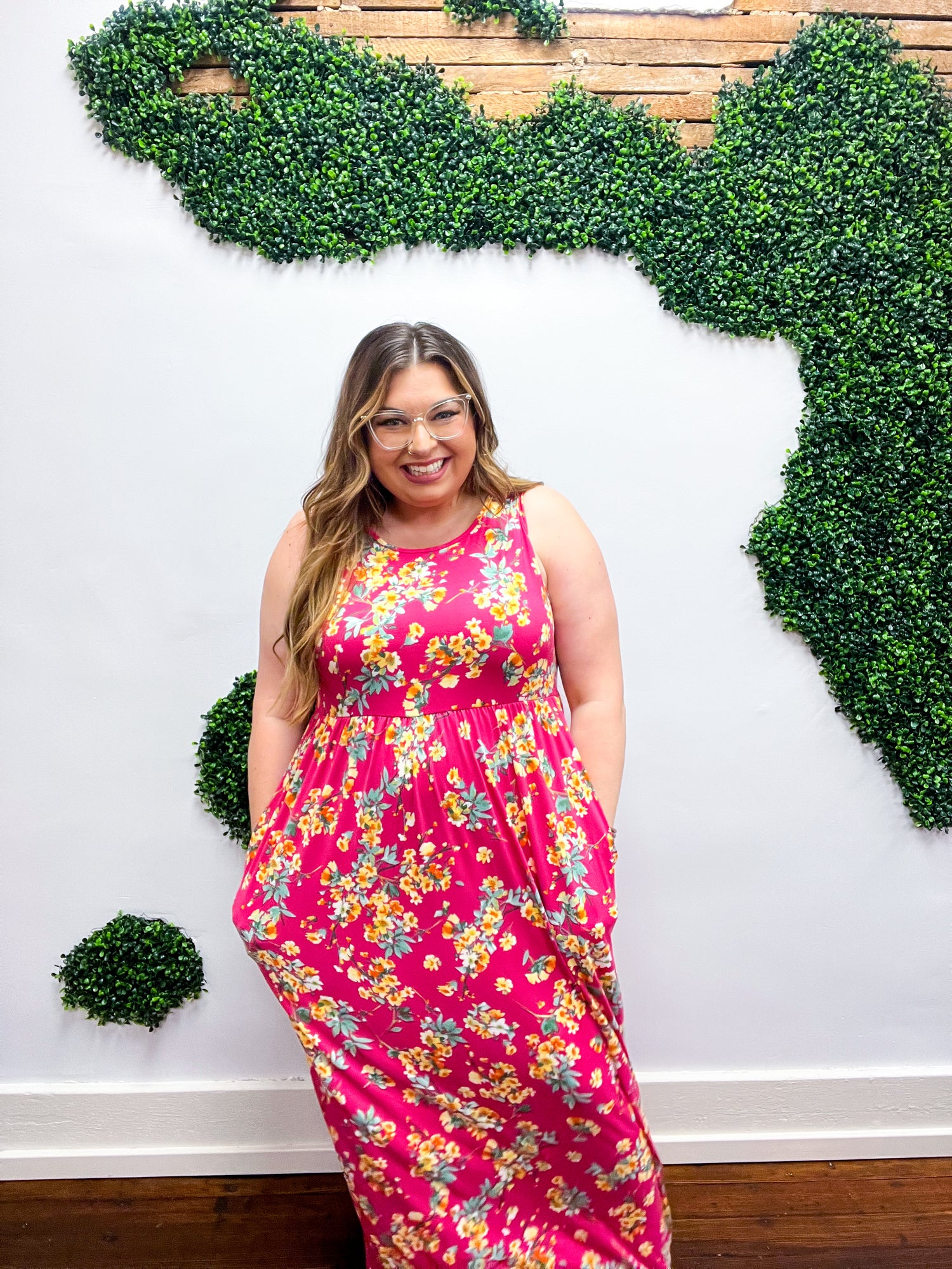 Yellow &amp; Fuchsia Floral Fit and Flare Sleeveless Maxi Dress