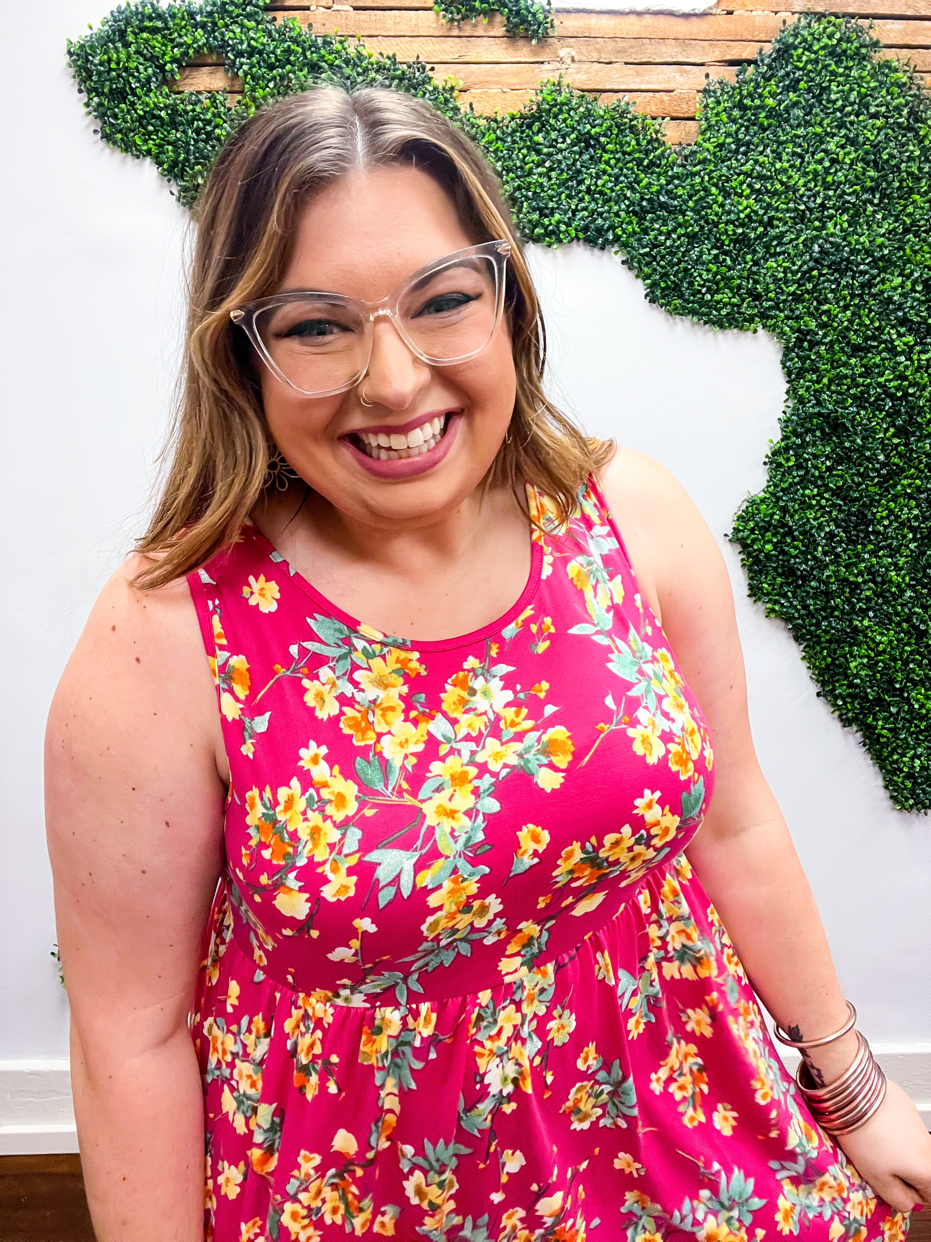 Yellow &amp; Fuchsia Floral Fit and Flare Sleeveless Maxi Dress