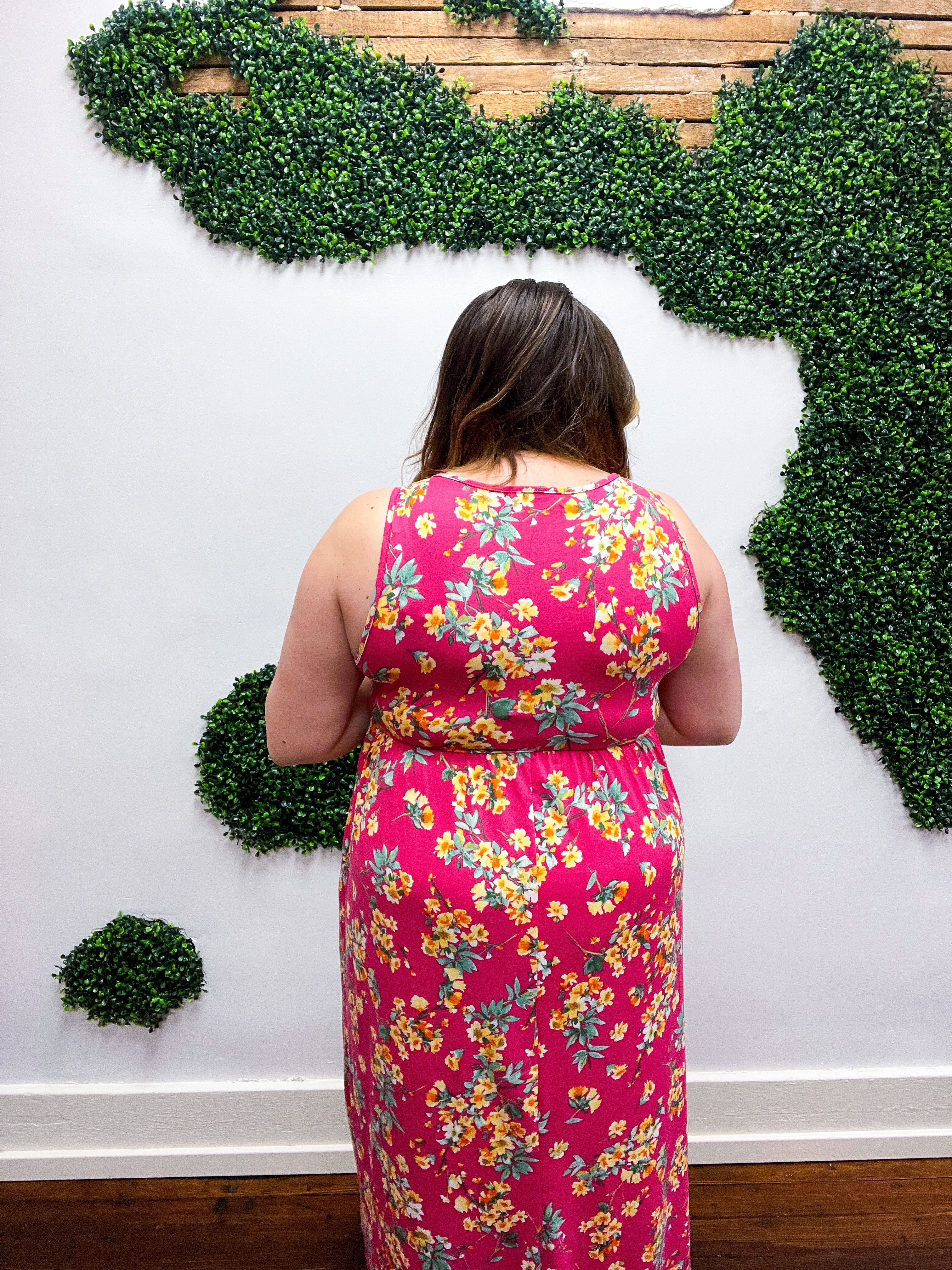Yellow &amp; Fuchsia Floral Fit and Flare Sleeveless Maxi Dress