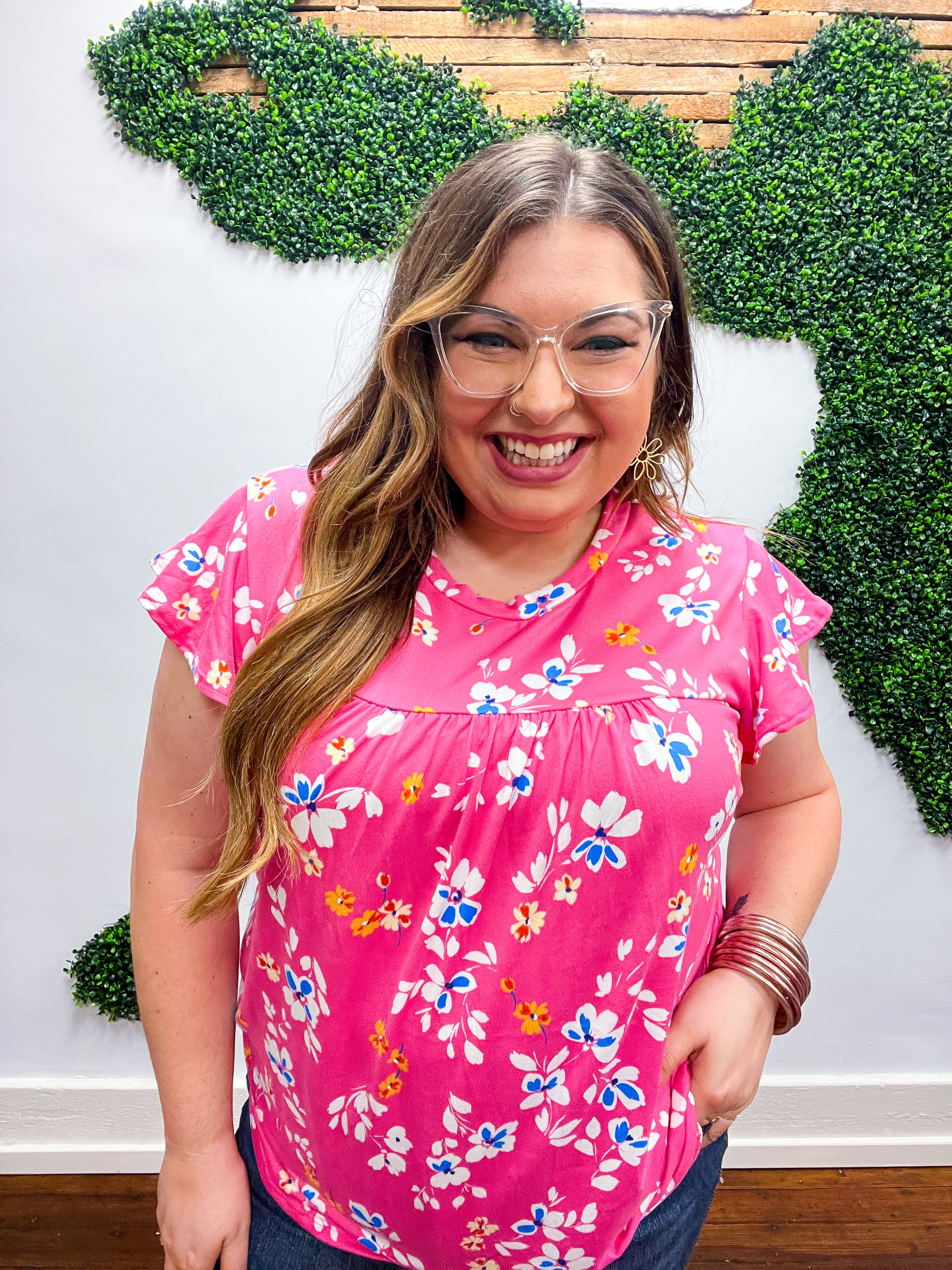 Pink Floral Print Ruffle Short Sleeve Yoke Top