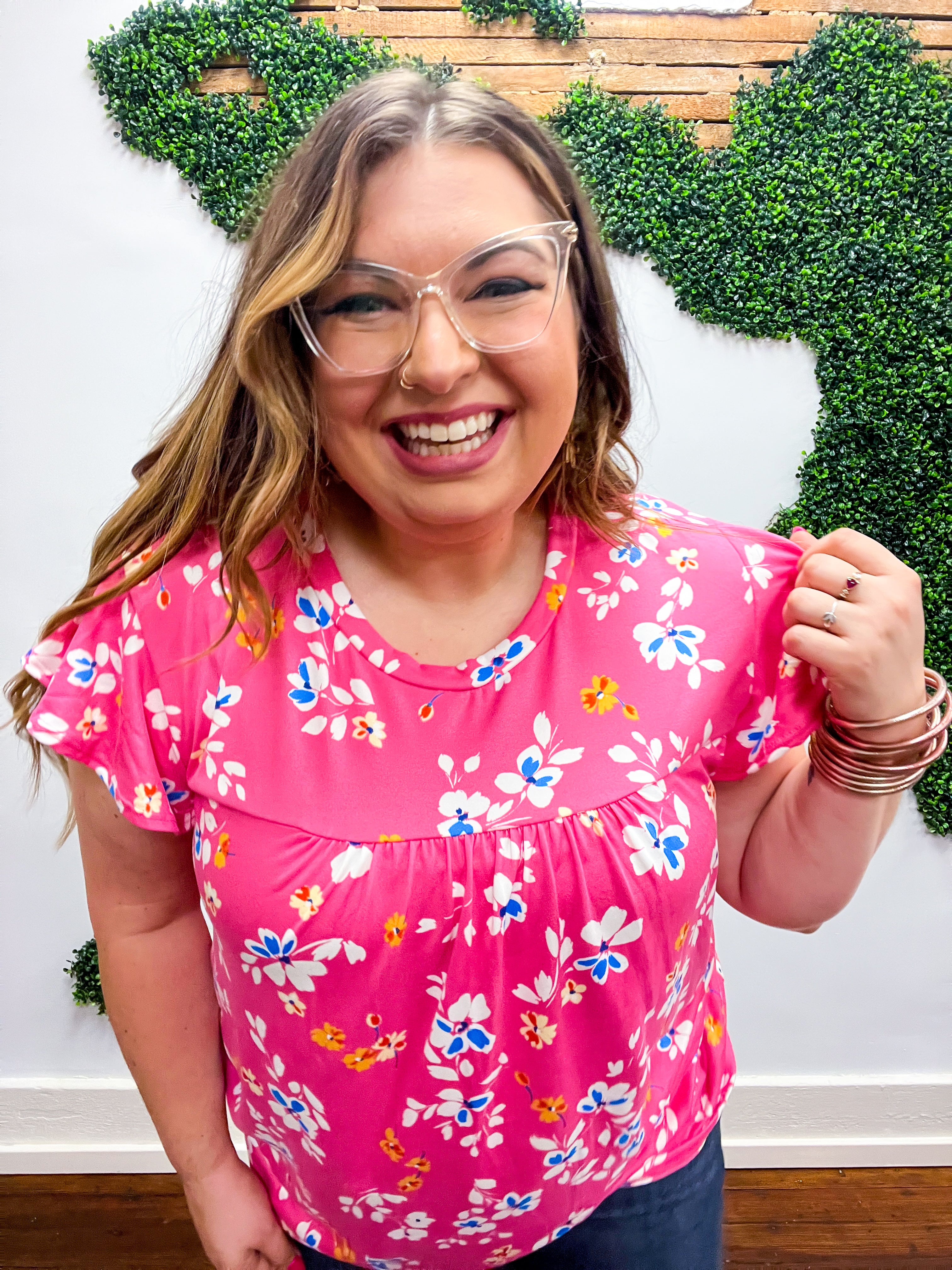 Pink Floral Print Ruffle Short Sleeve Yoke Top