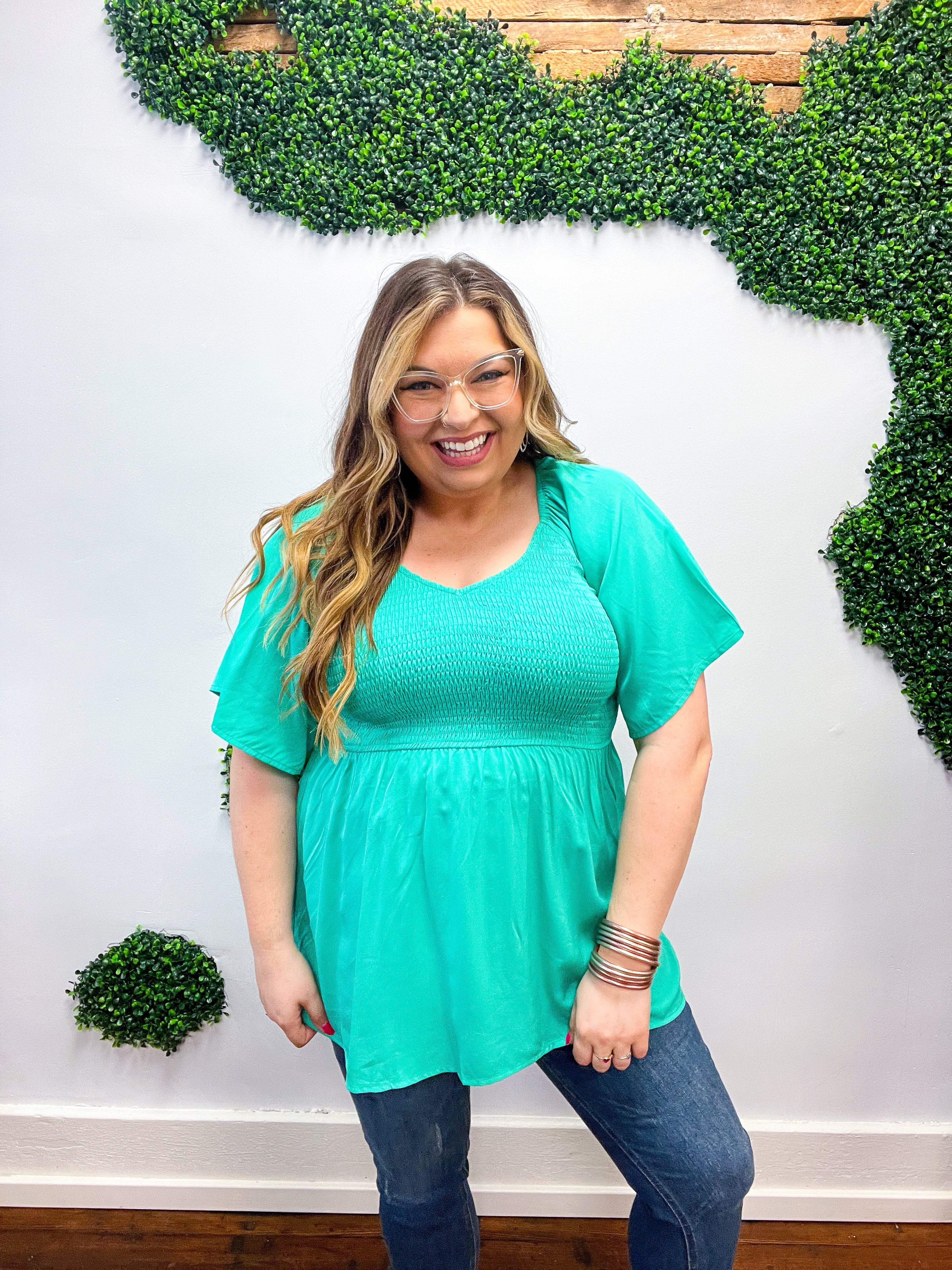 Solid Mint Smocked Woven Flutter Sleeve Top *FINAL SALE* 1X ONLY!*