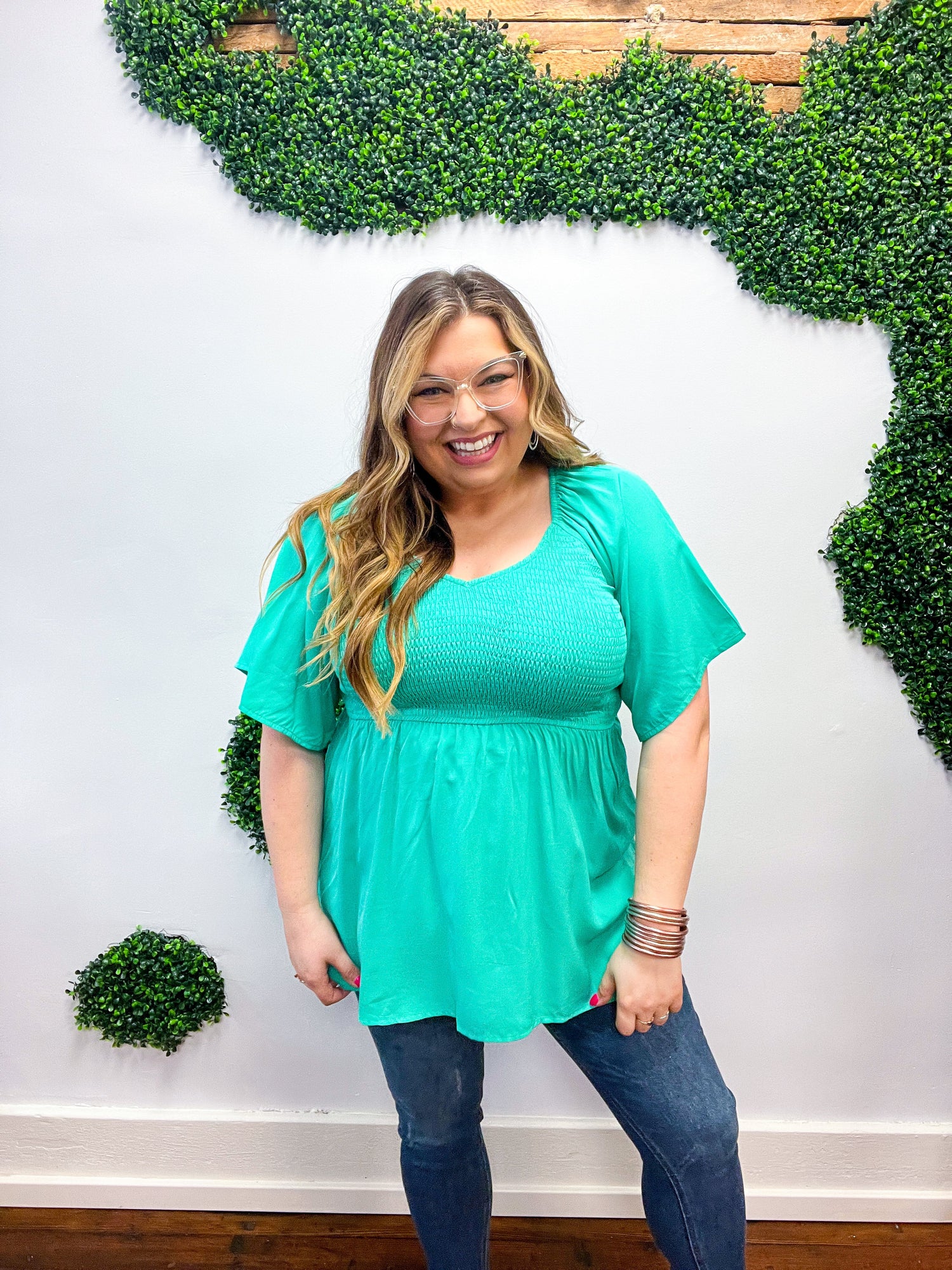 Solid Mint Smocked Woven Flutter Sleeve Top *FINAL SALE* 1X ONLY!*