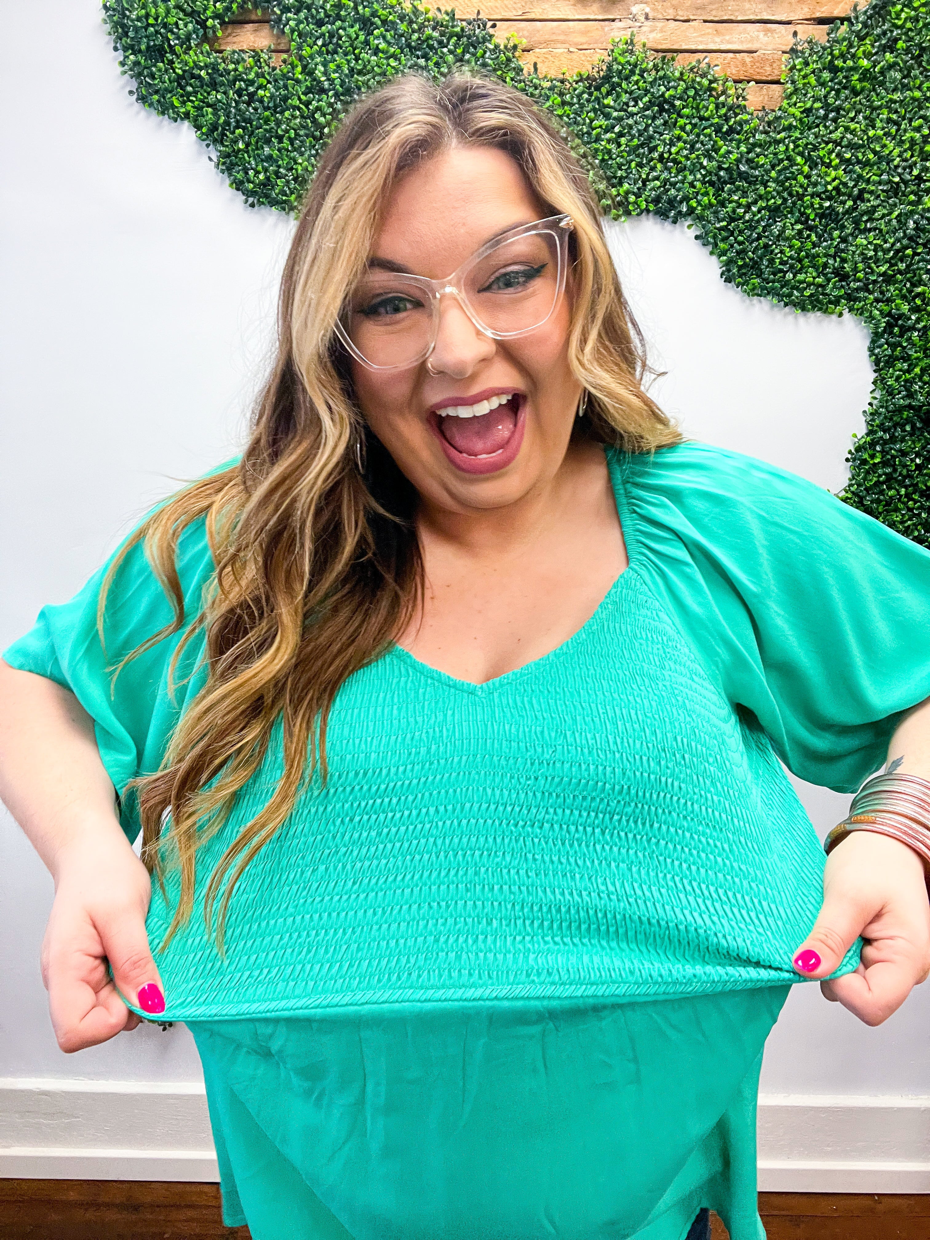 Solid Mint Smocked Woven Flutter Sleeve Top *FINAL SALE* 1X ONLY!*