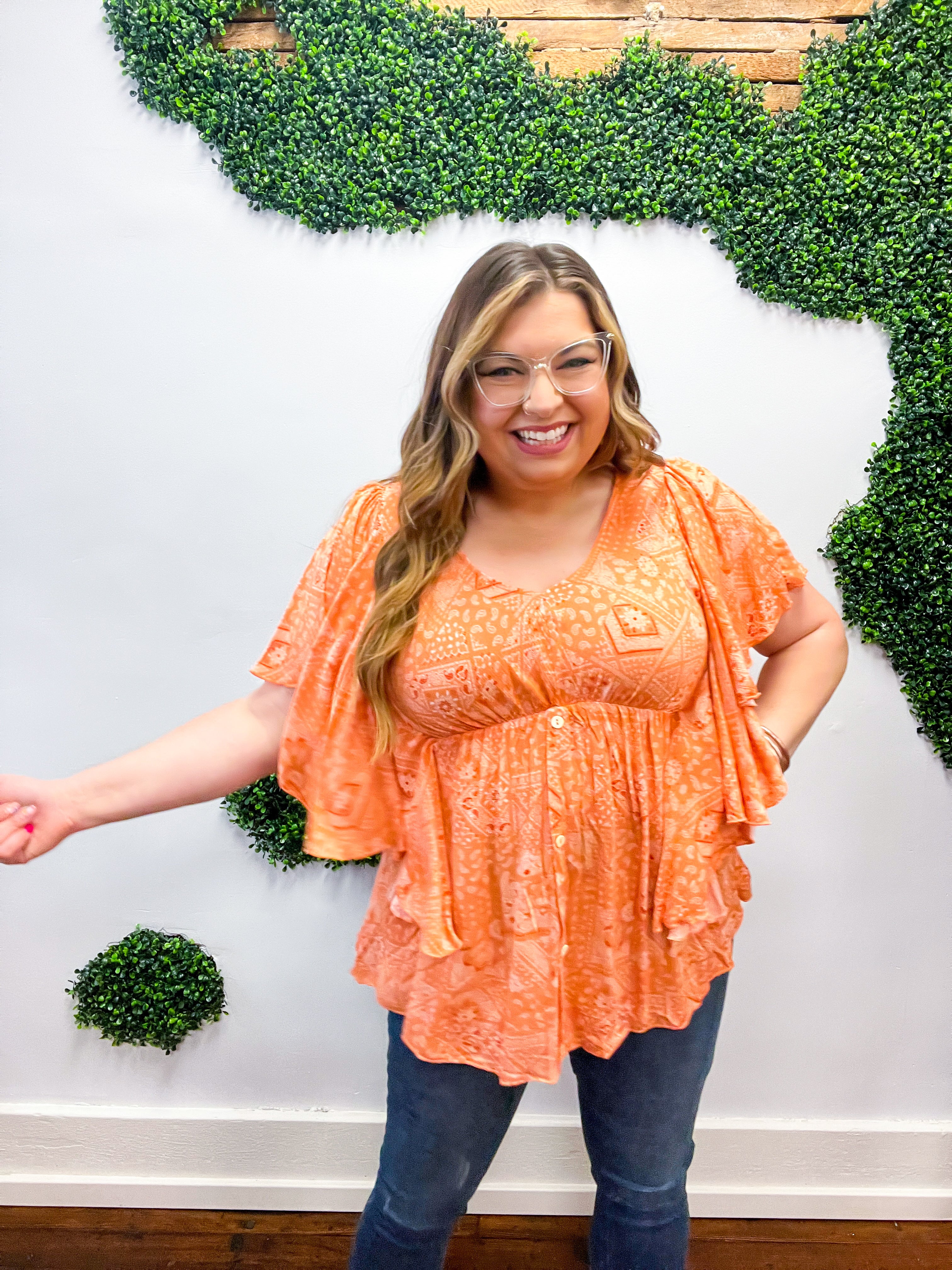 Apricot Boho Print Button Detail Side Ruffle Top