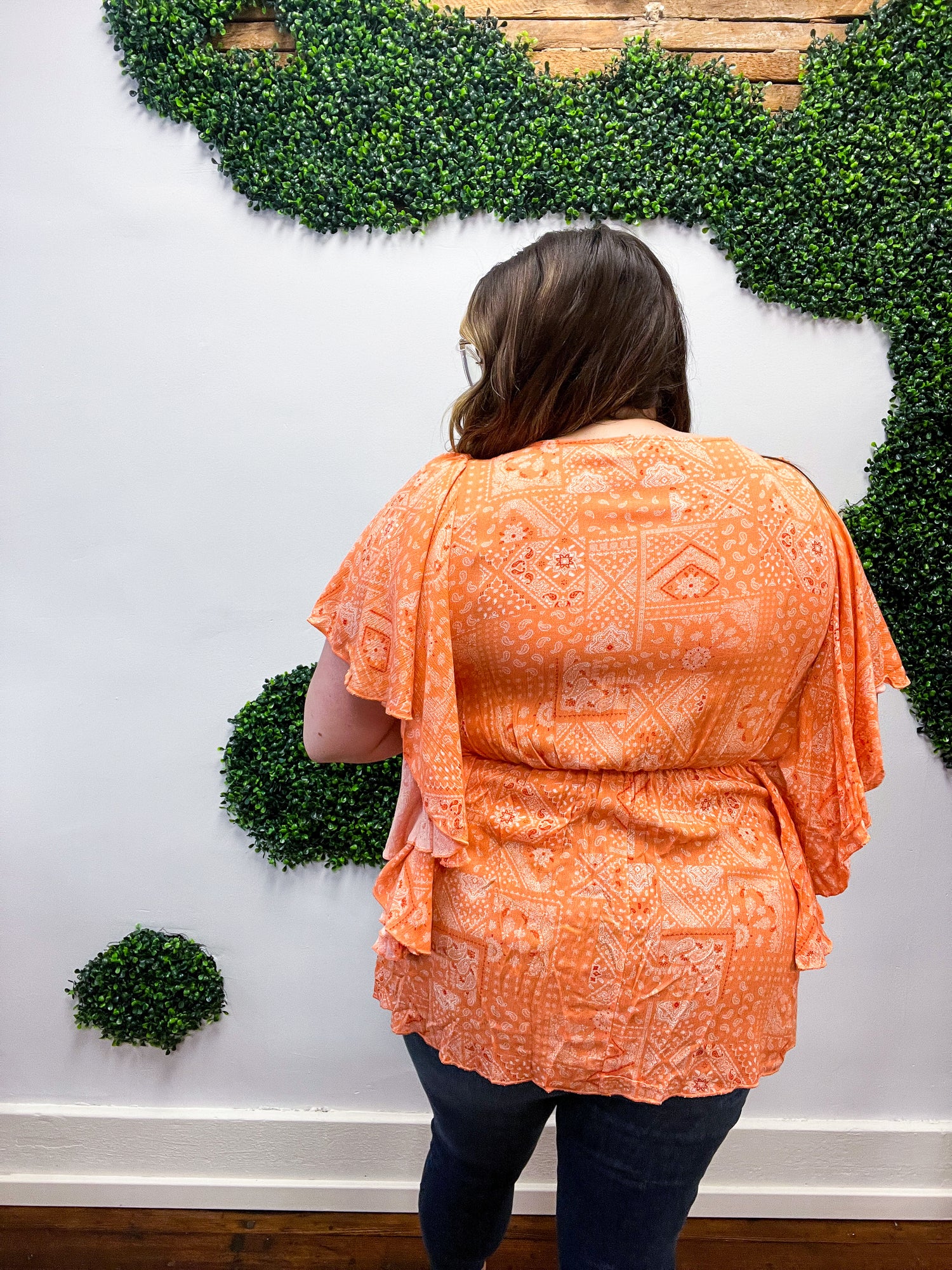 Apricot Boho Print Button Detail Side Ruffle Top