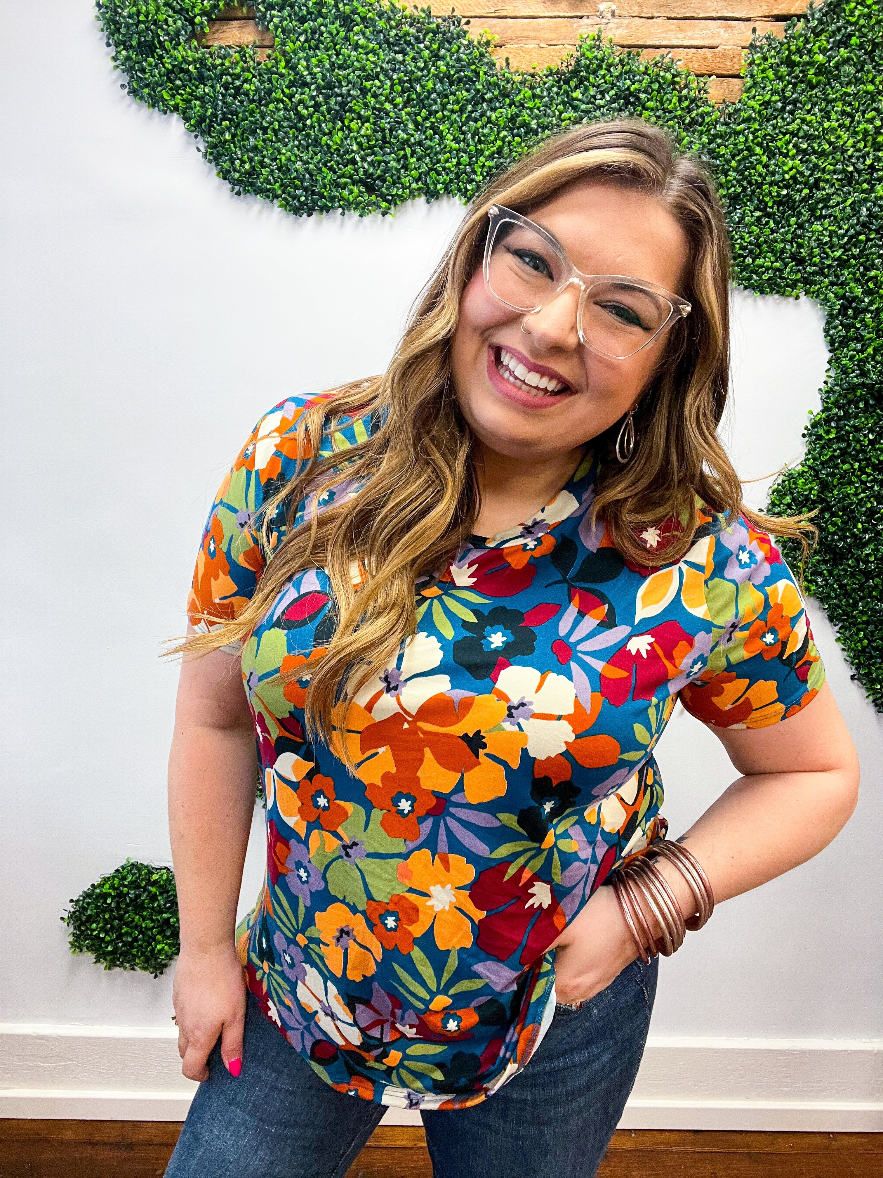 Teal &amp; Maroon Floral Print Top *FINAL SALE* 1X ONLY!