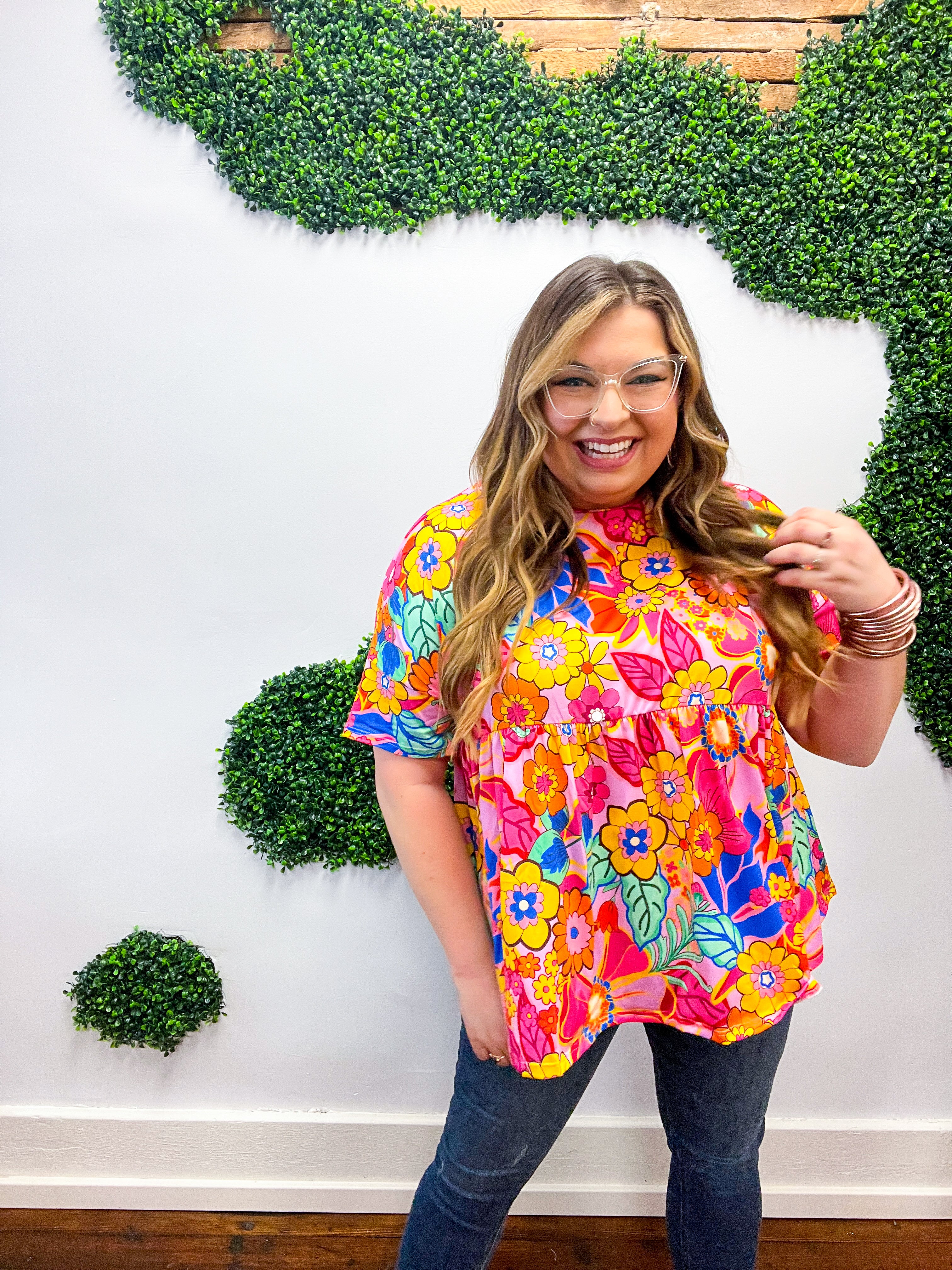 Vibrant Multicolor Drop Shoulder Floral Babydoll Top