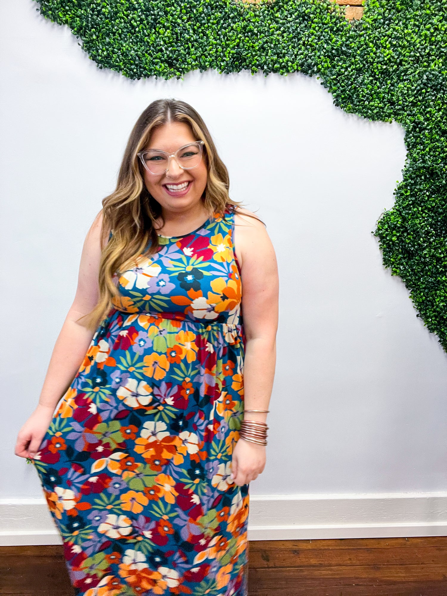 Teal &amp; Maroon Floral  Fit and Flare Sleeveless Maxi Dress
