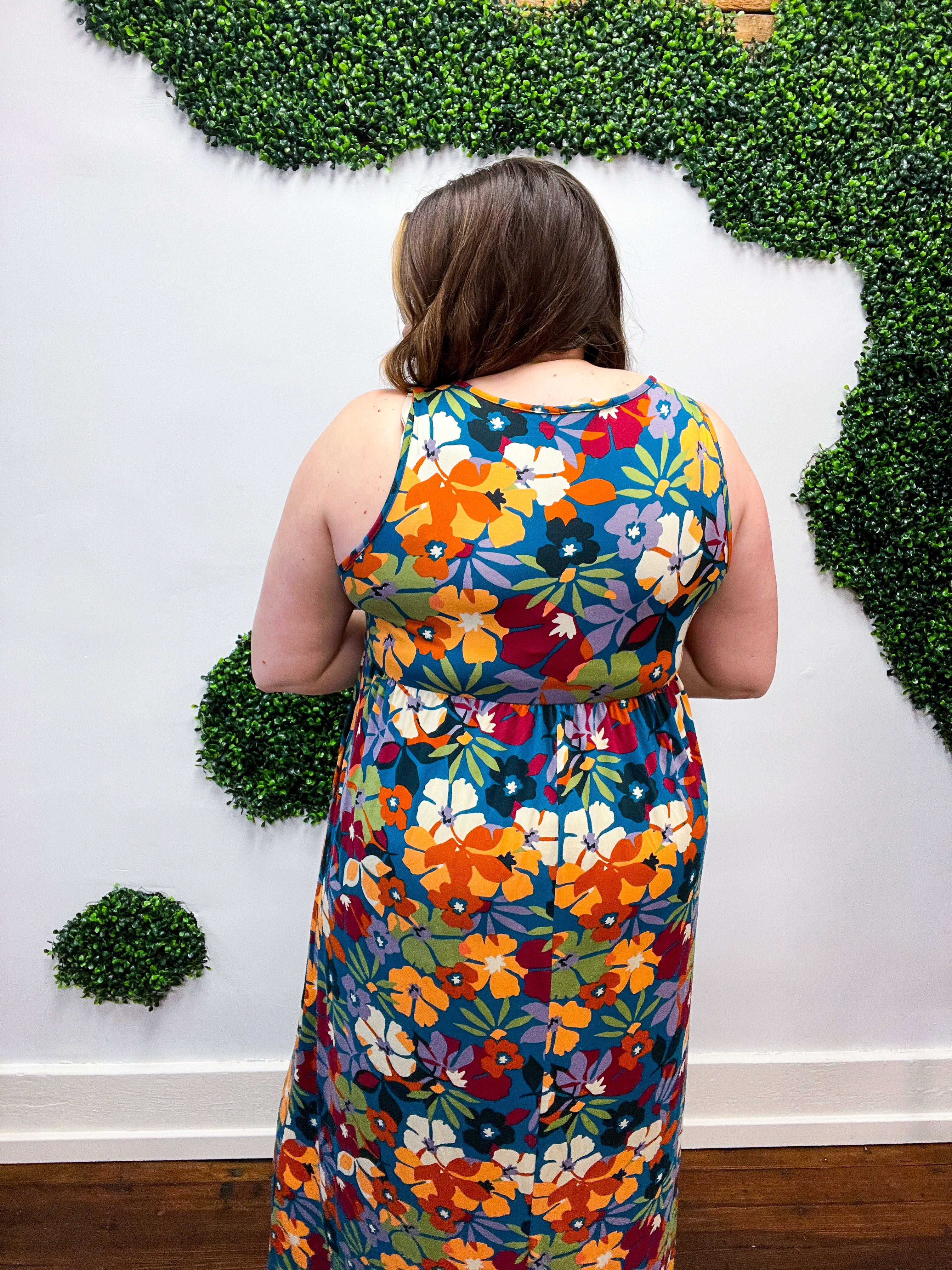 Teal &amp; Maroon Floral  Fit and Flare Sleeveless Maxi Dress