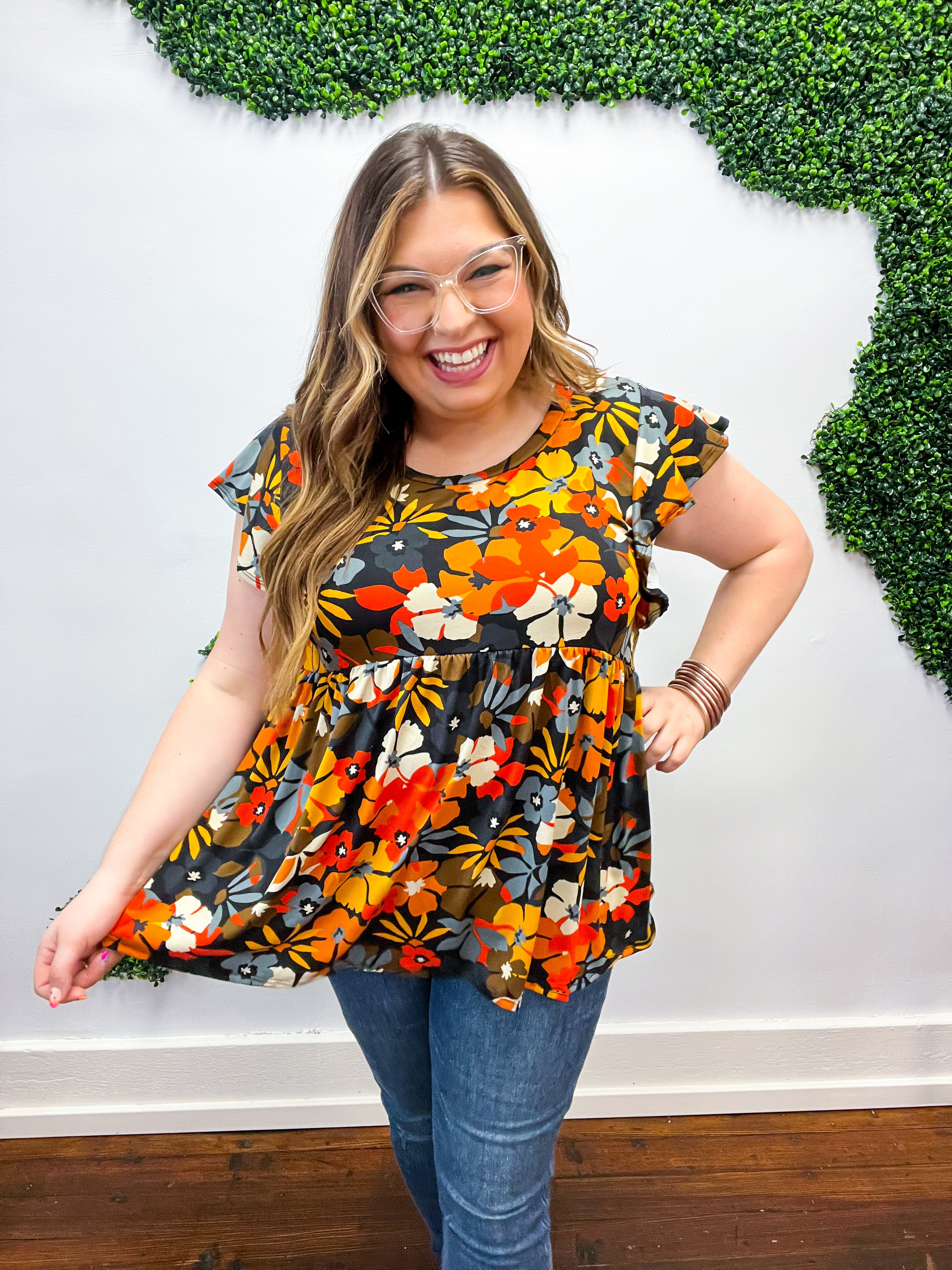 Burnt Orange Flat Floral Print Ruffle Sleeve Babydoll Top