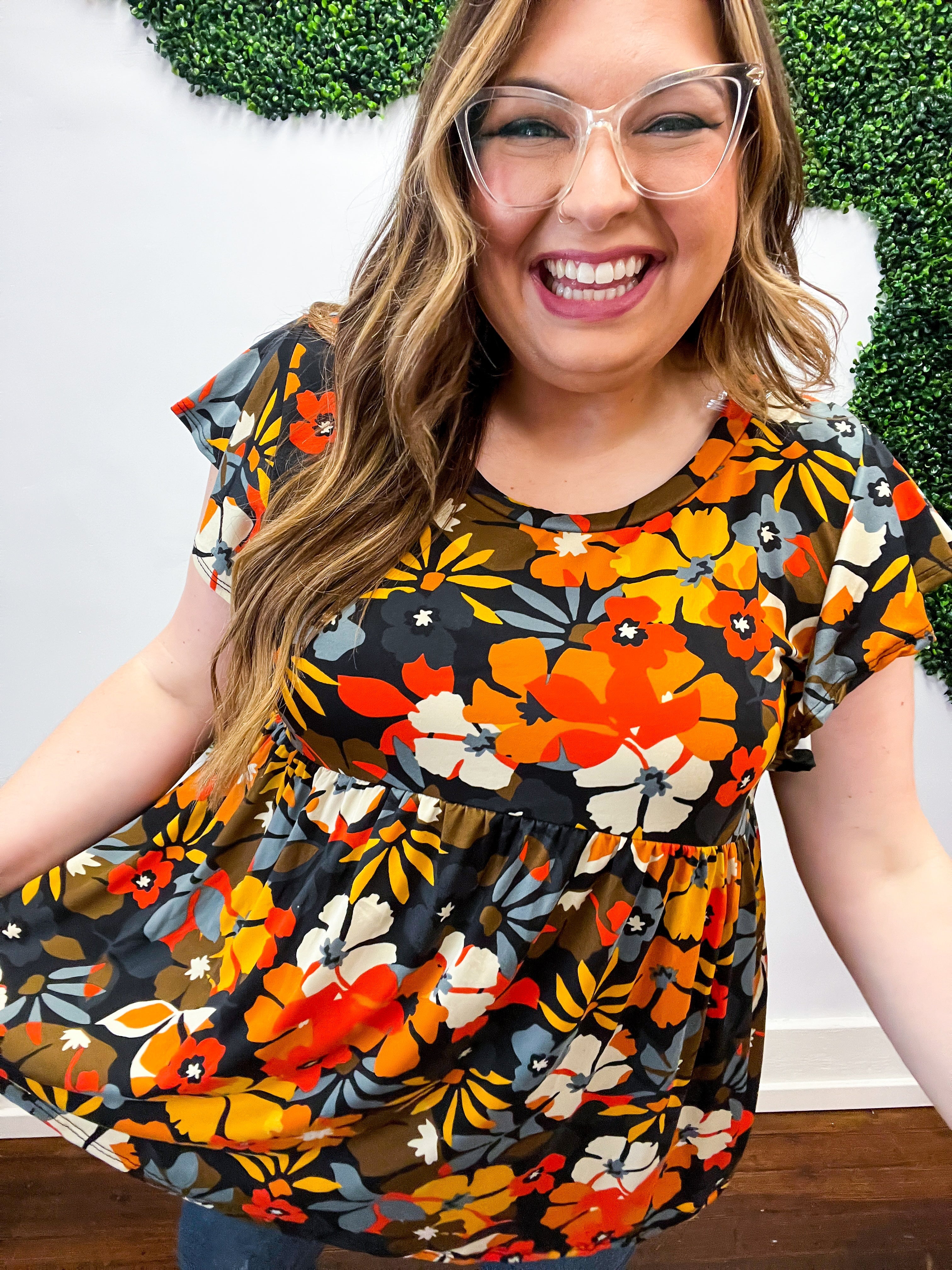 Burnt Orange Flat Floral Print Ruffle Sleeve Babydoll Top *FINAL SALE* 1X ONLY!*