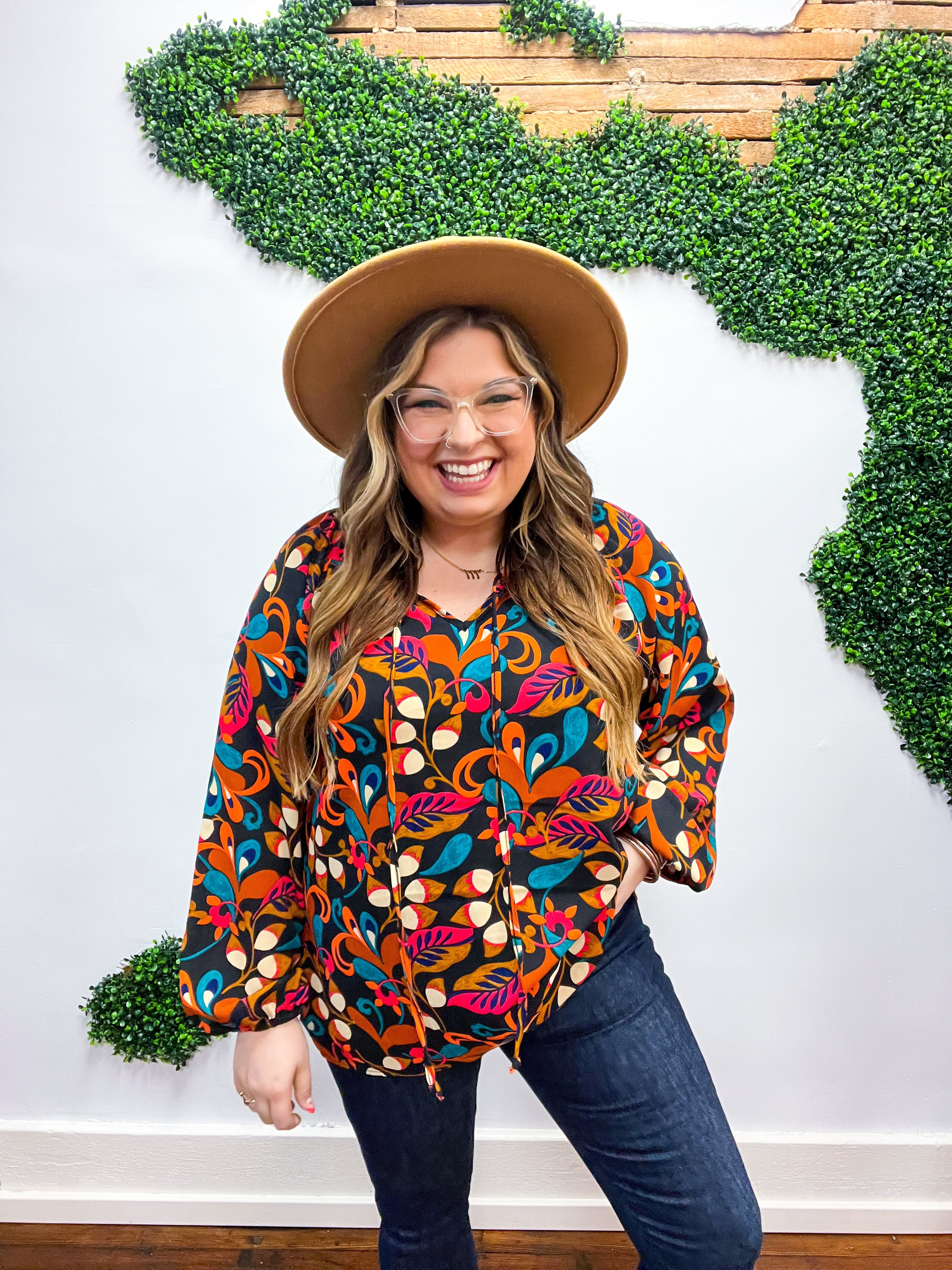 Magenta &amp; Rust Boho Floral Bubble Sleeve Top *FINAL SALE* 1X ONLY!*