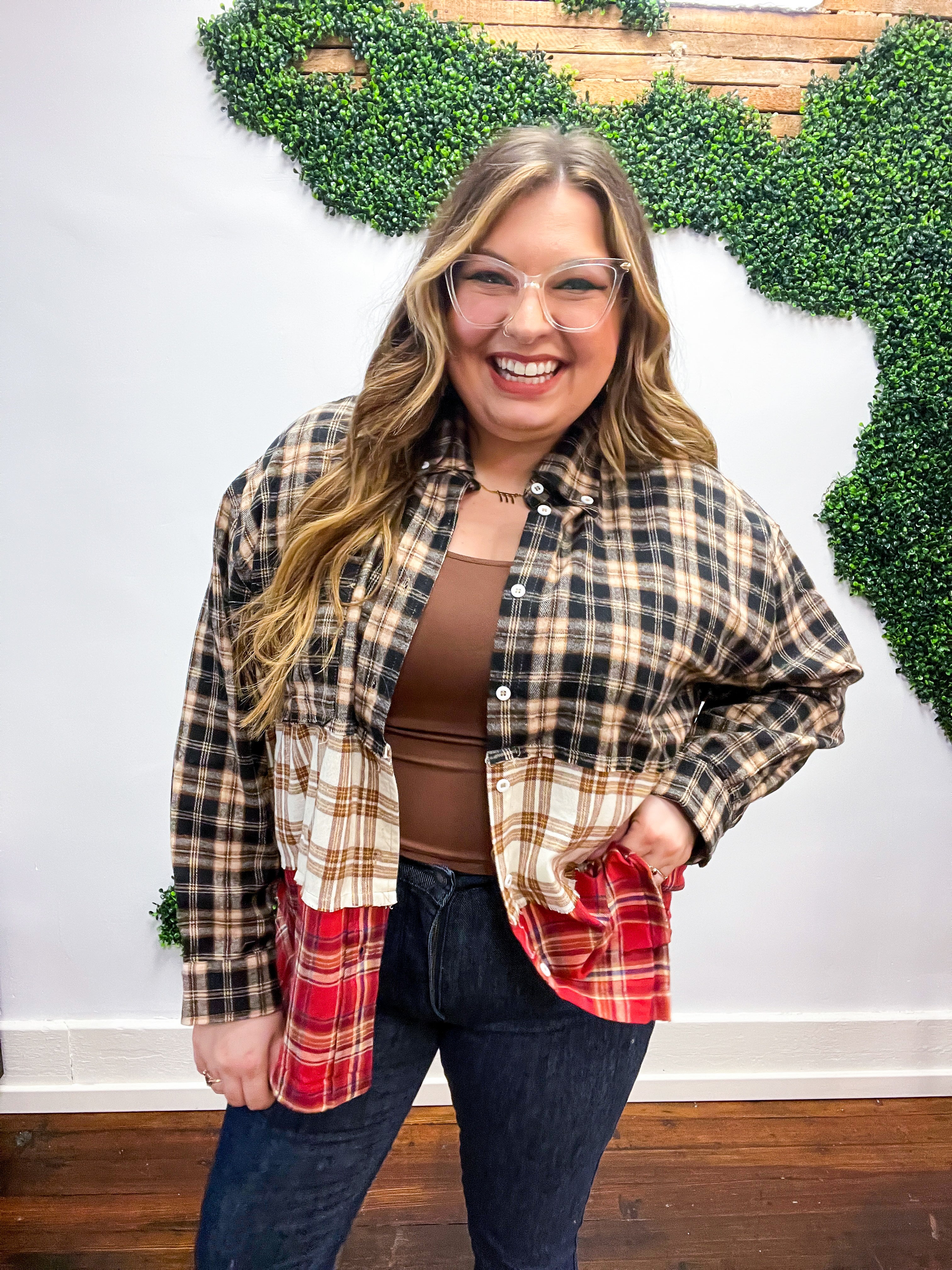 Taupe &amp; Red Plaid Color Block Shacket