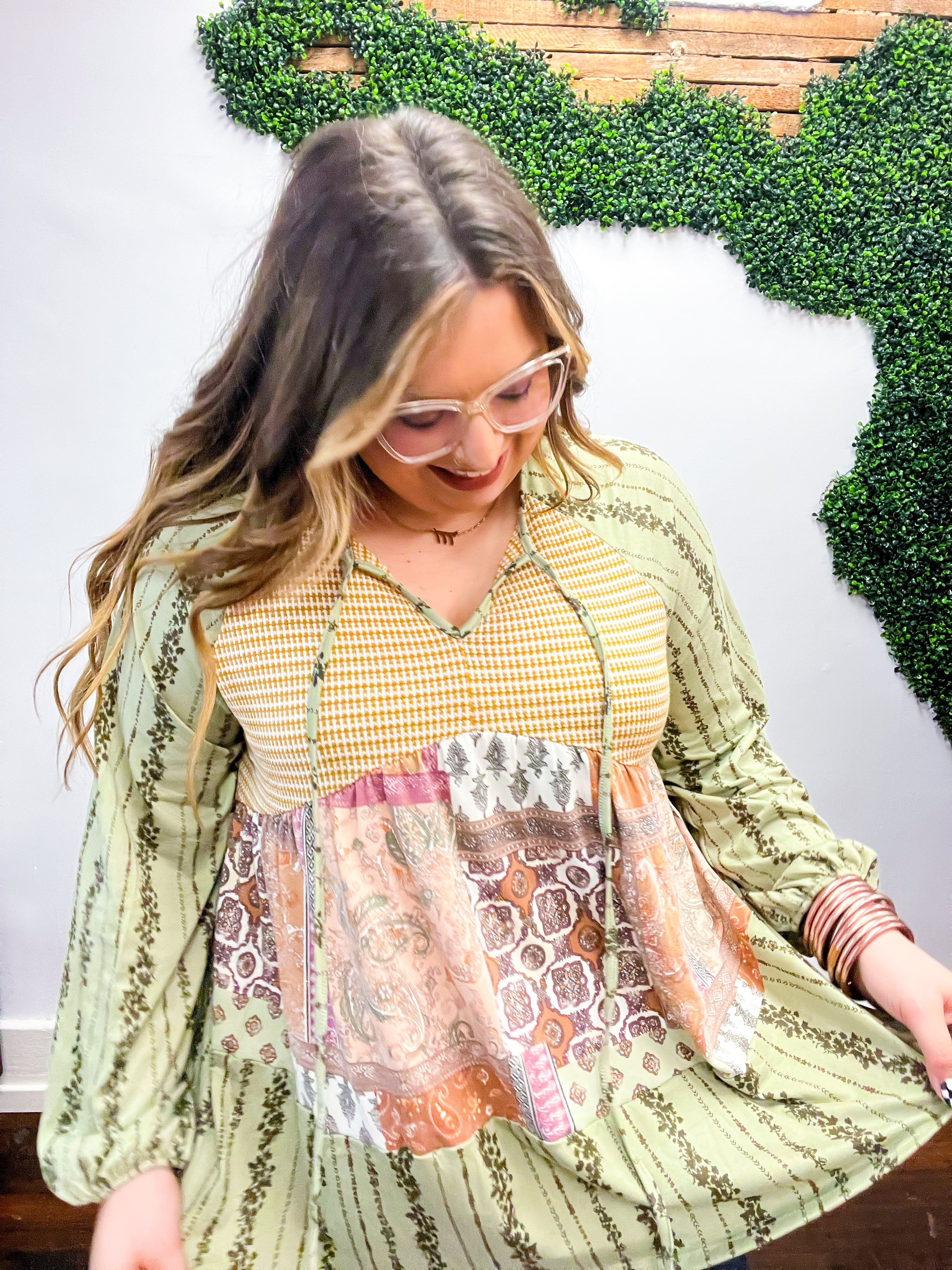 Olive &amp; Mustard Boho Two Tone Tiered Babydoll Top