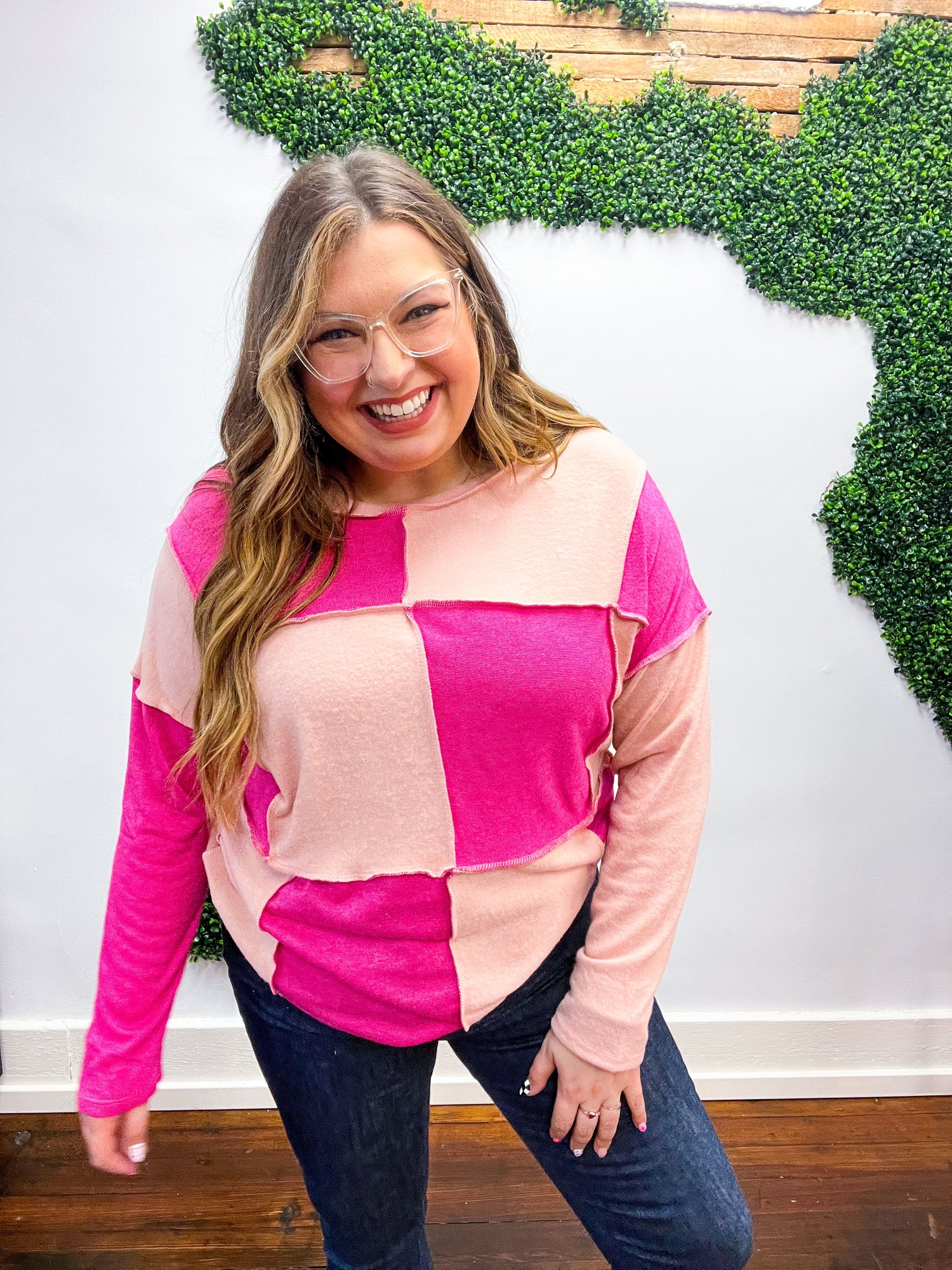 Pink/Blush Checkerboard Outseam Colorblock Sweater Top *FNAL SALE* 1X ONLY!
