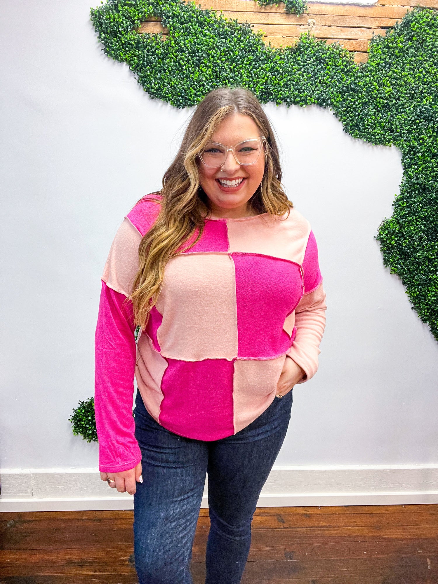 Pink/Blush Checkerboard Outseam Colorblock Sweater Top *FNAL SALE* 1X ONLY!