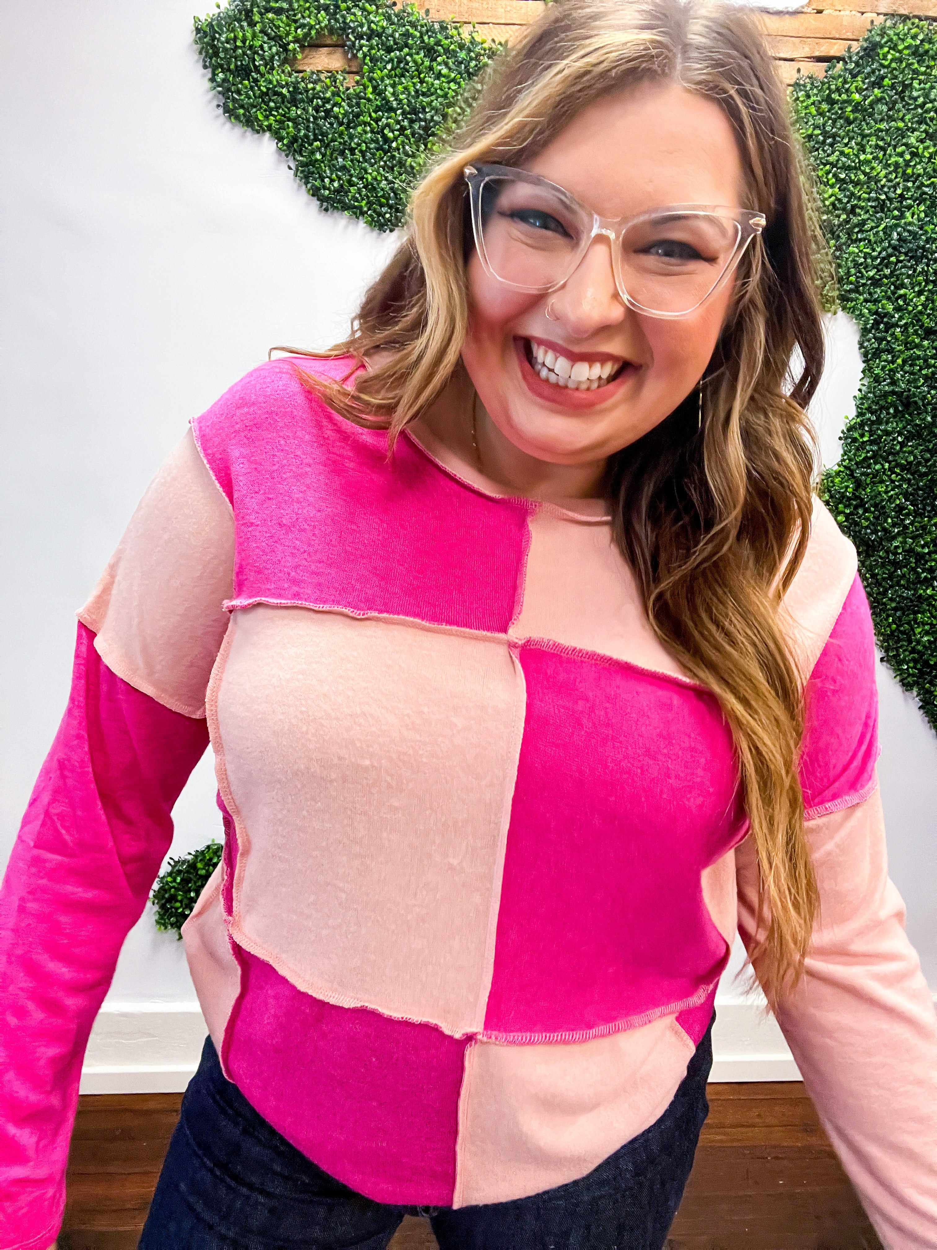 Pink/Blush Checkerboard Outseam Colorblock Sweater Top *FNAL SALE* 1X ONLY!