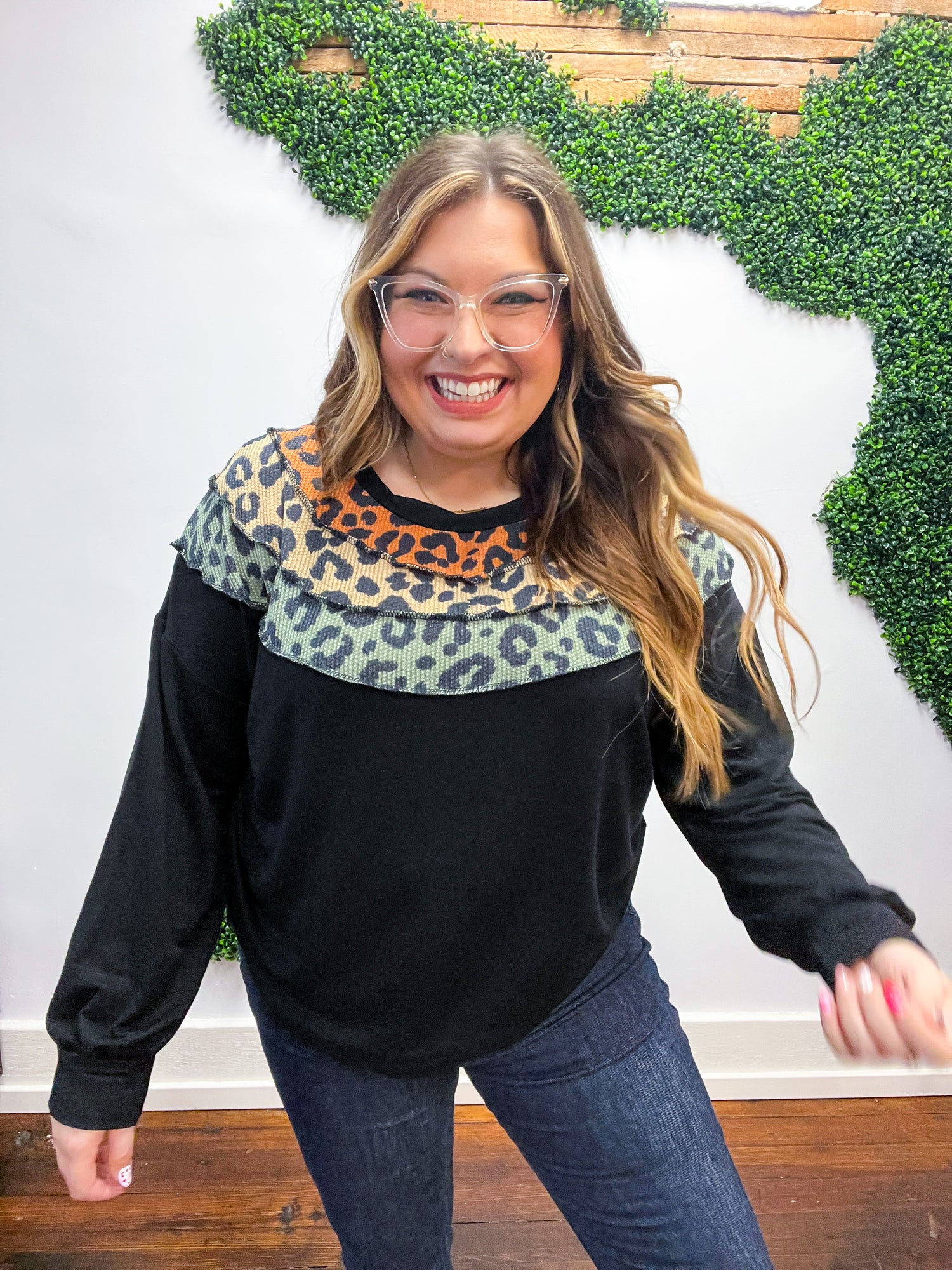 Black Multicolor Leopard Waffle Out Seam Top
