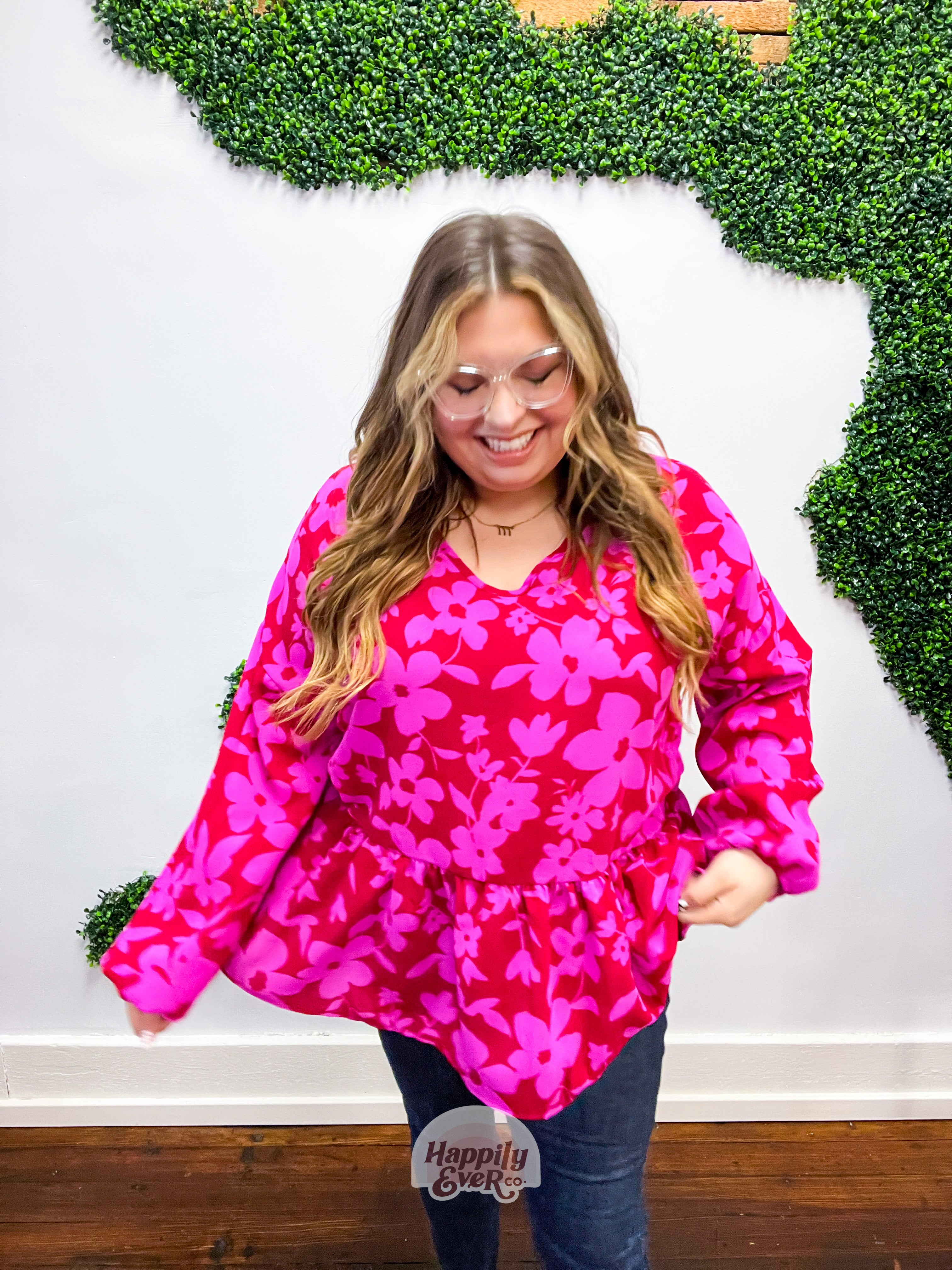 Red &amp; Magenta Floral V Neck Woven Babydoll Top
