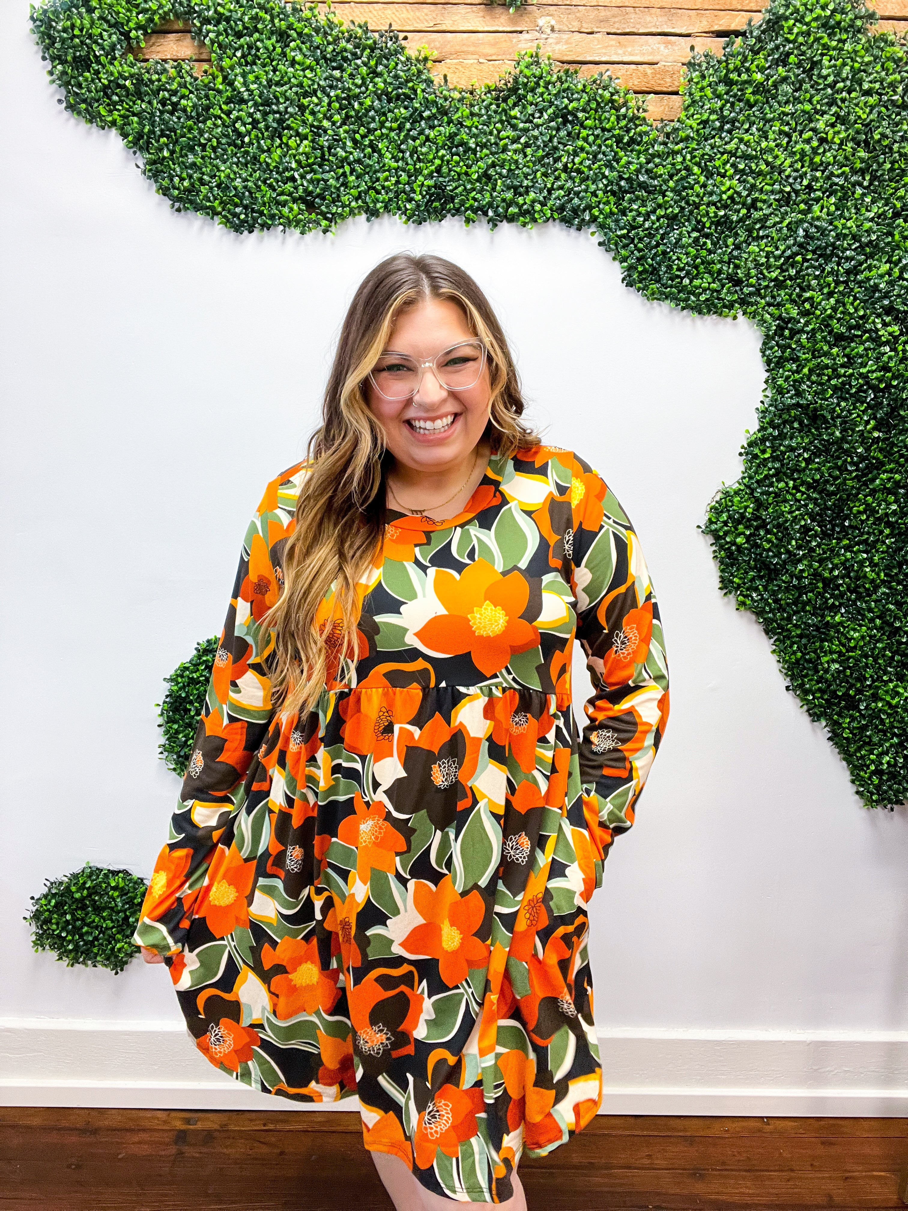Orange &amp; Olive Floral Long Sleeve Babydoll Dress *FINAL SALE* 1X ONLY!