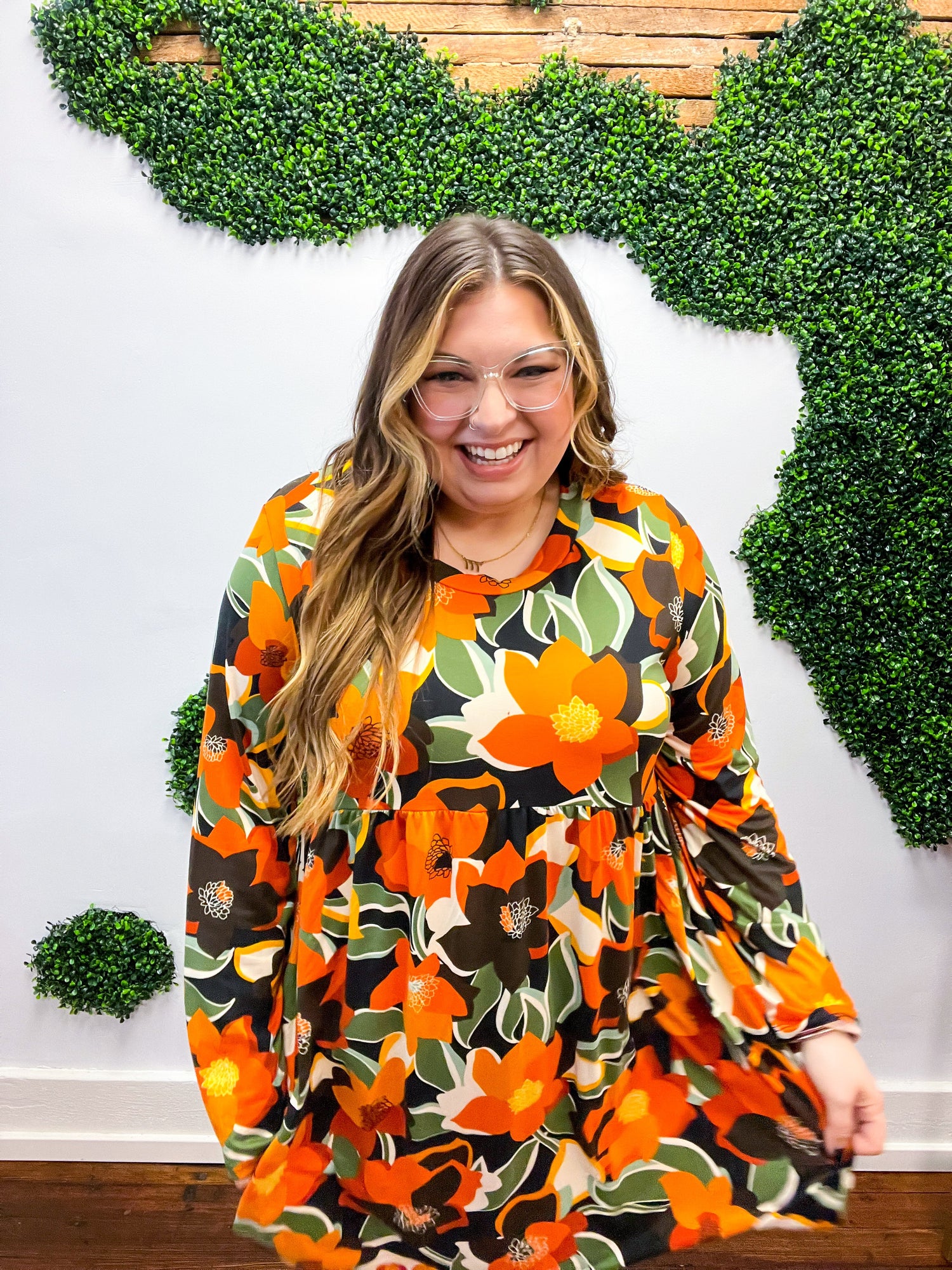 Orange &amp; Olive Floral Long Sleeve Babydoll Dress *FINAL SALE* 1X ONLY!