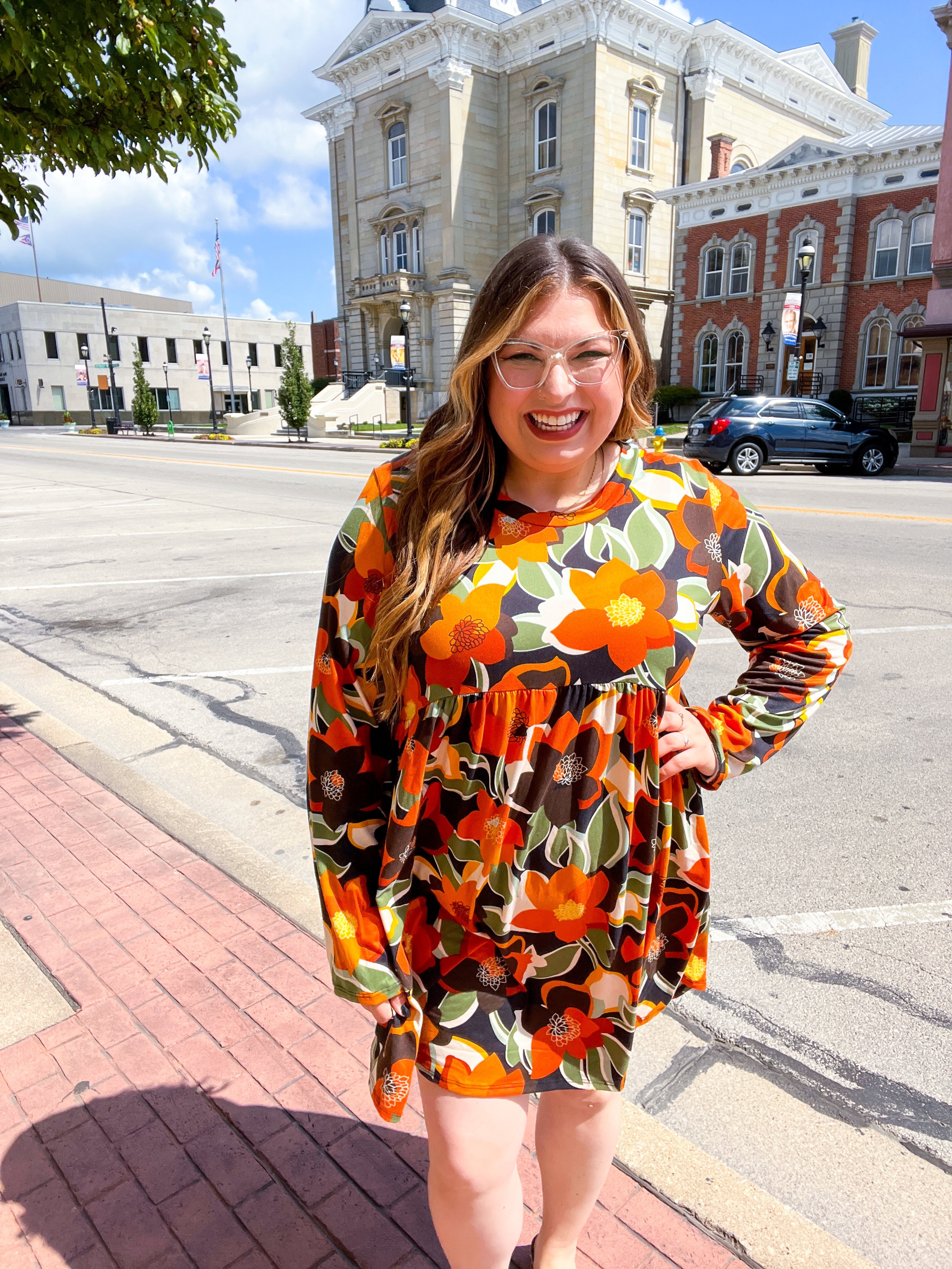Orange &amp; Olive Floral Long Sleeve Babydoll Dress *FINAL SALE* 1X ONLY!