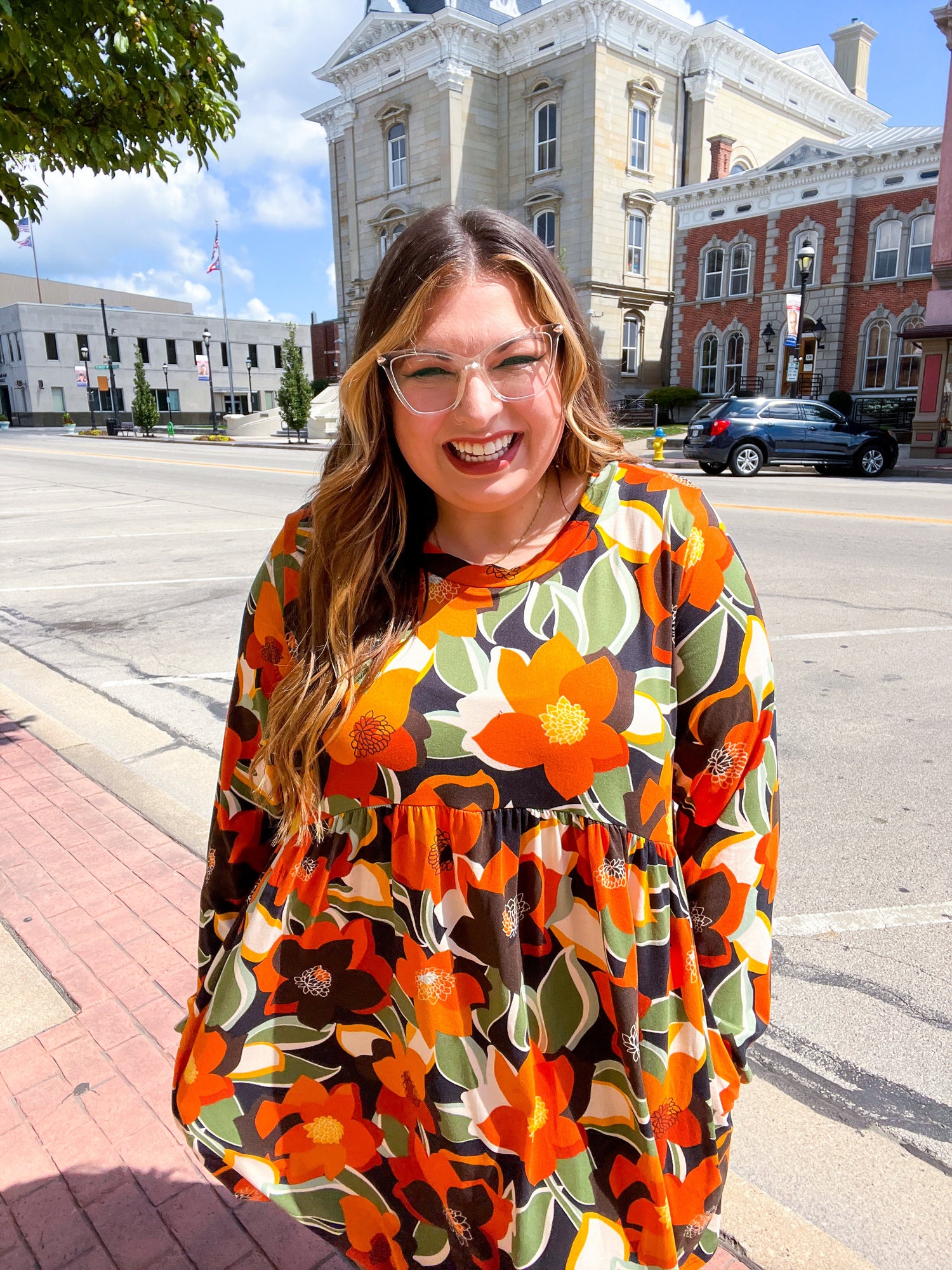 Orange &amp; Olive Floral Long Sleeve Babydoll Dress *FINAL SALE* 1X ONLY!